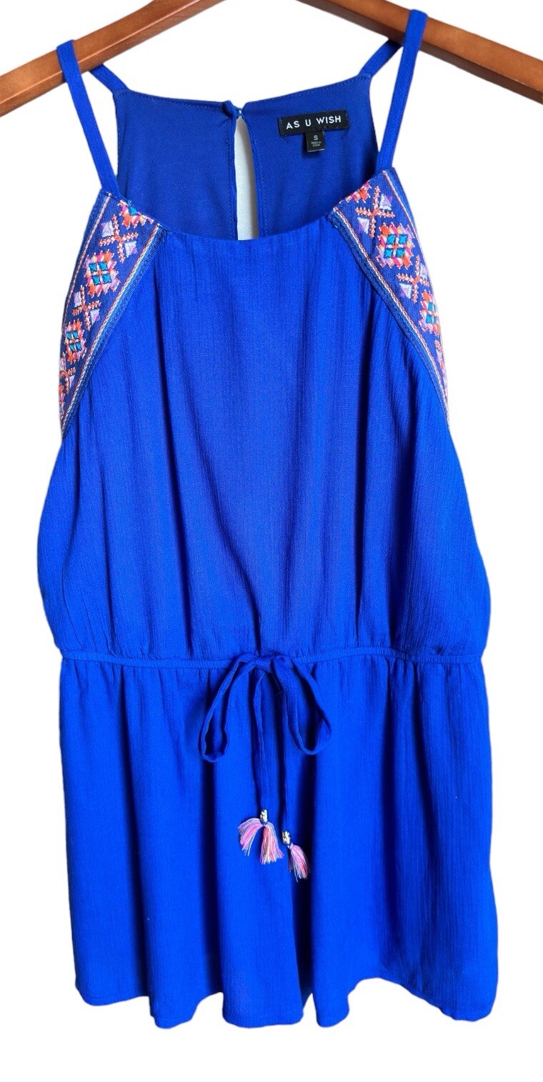 As U Wish Blue V-Neck Spaghetti Strap Elastic Waist Lined Romper Women’s Sz S