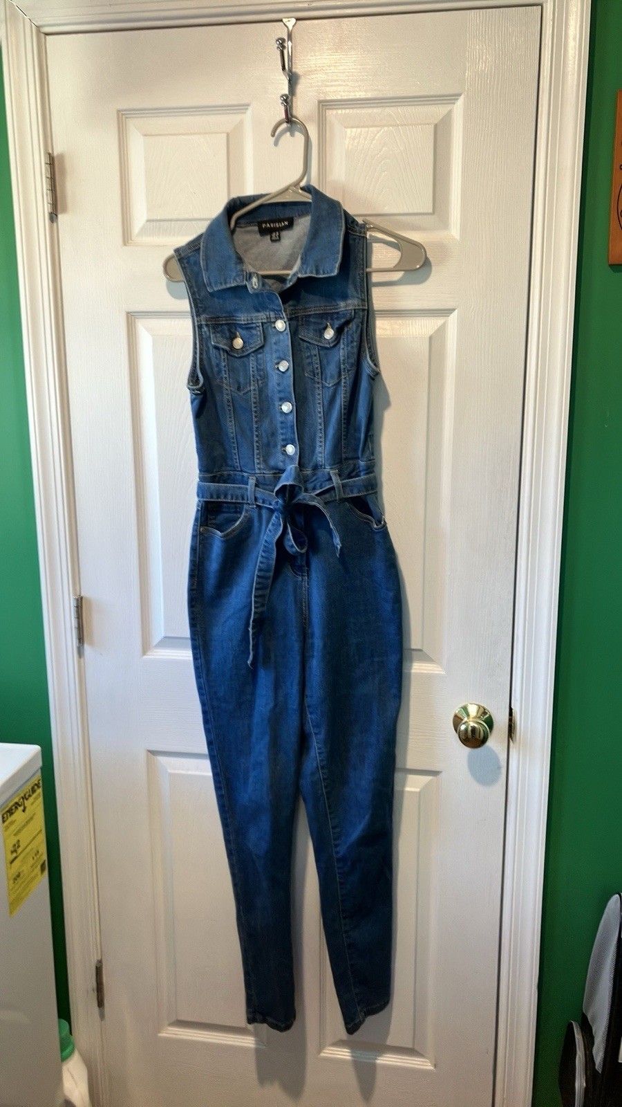 Blue Denim Sleeveless Jumpsuit size 6 Parisian works asos belted