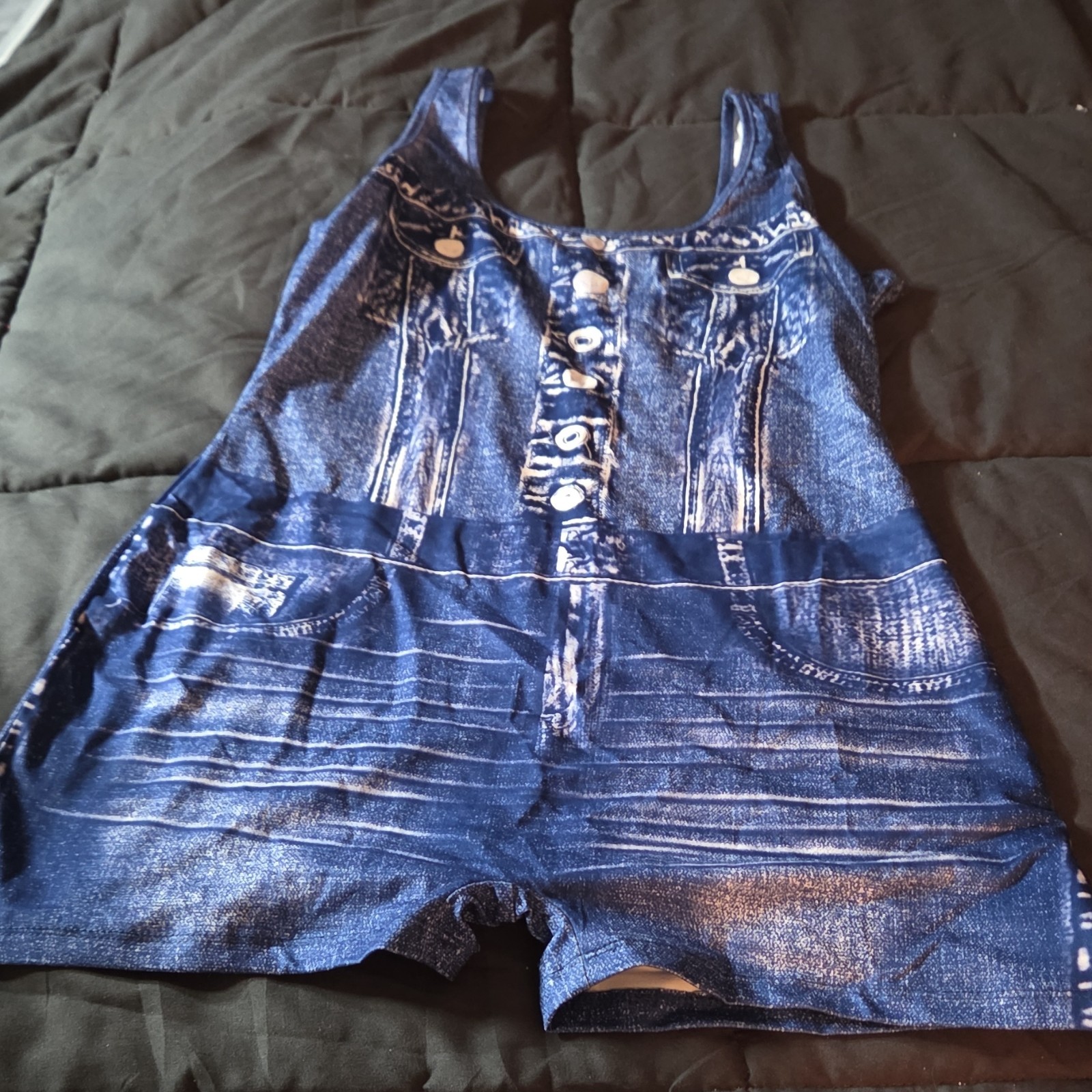 Blue Solid Button-Front Sleeveless Romper L Polyester Elastane Casual Summer