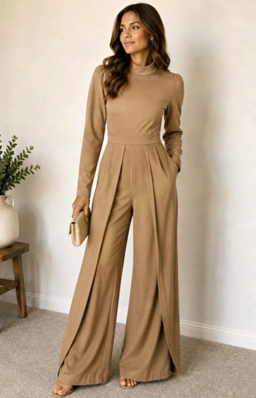 Women’s Beige Solid Mock Neck Long Sleeve Wide-Leg One-Piece Jumpsuit L