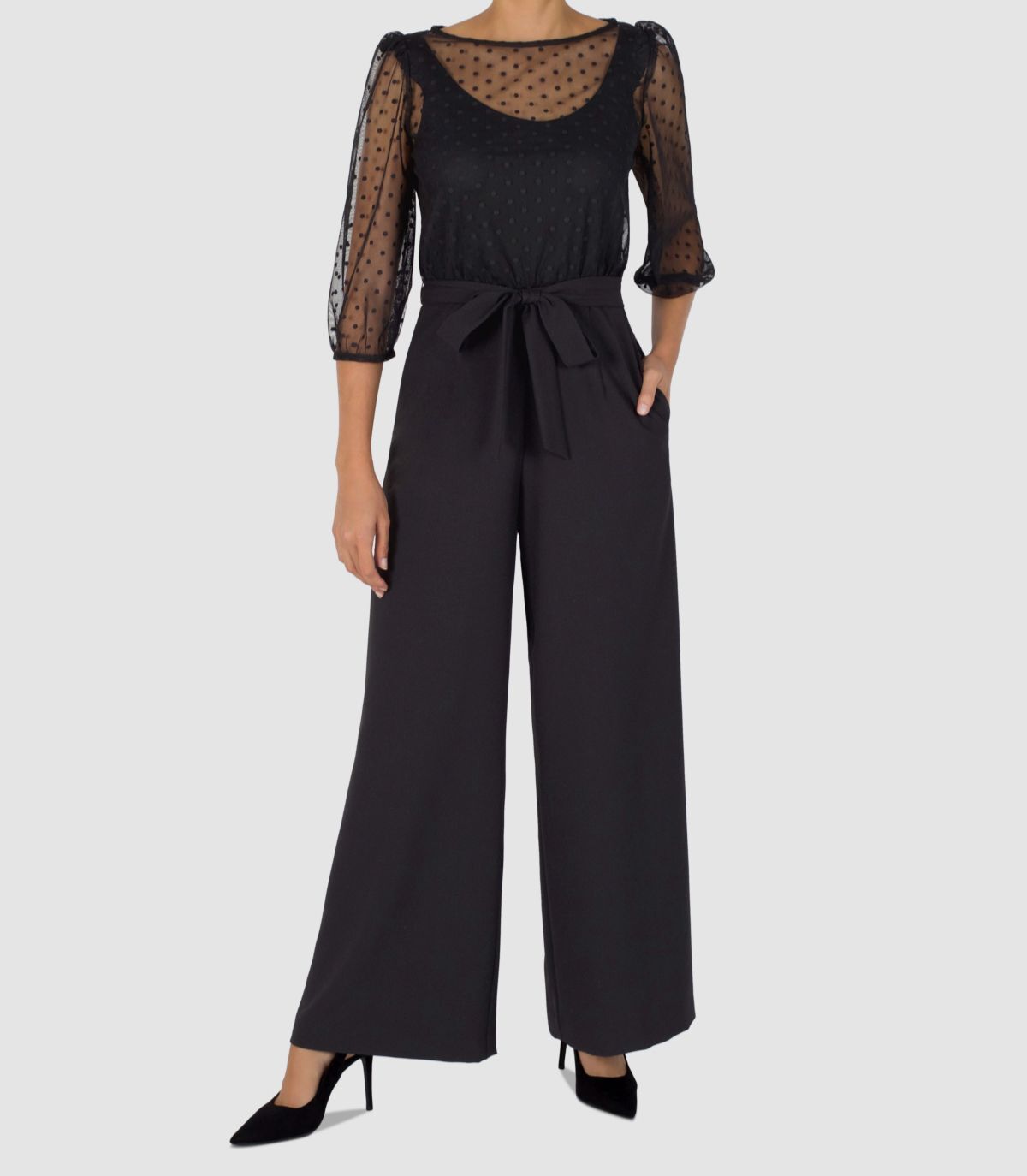 $139 Julia Jordan Women’s Black Sheer Clip Dot Belted Wide Leg Jumpsuit Size 12