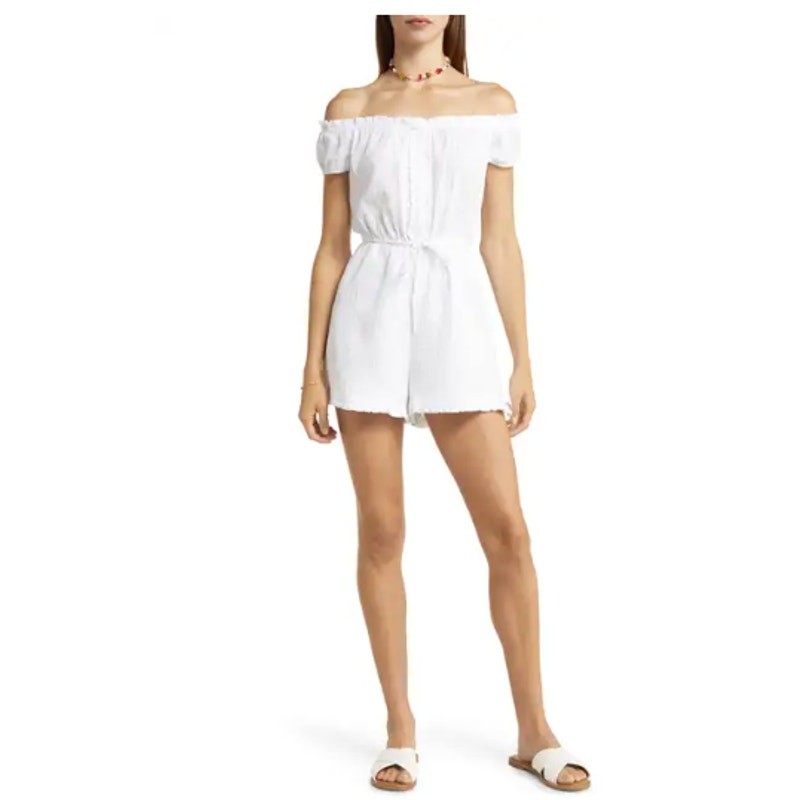 BP White Off Shoulder Gauzy Cotton Romper Medium Summer, Beach, Loungewear