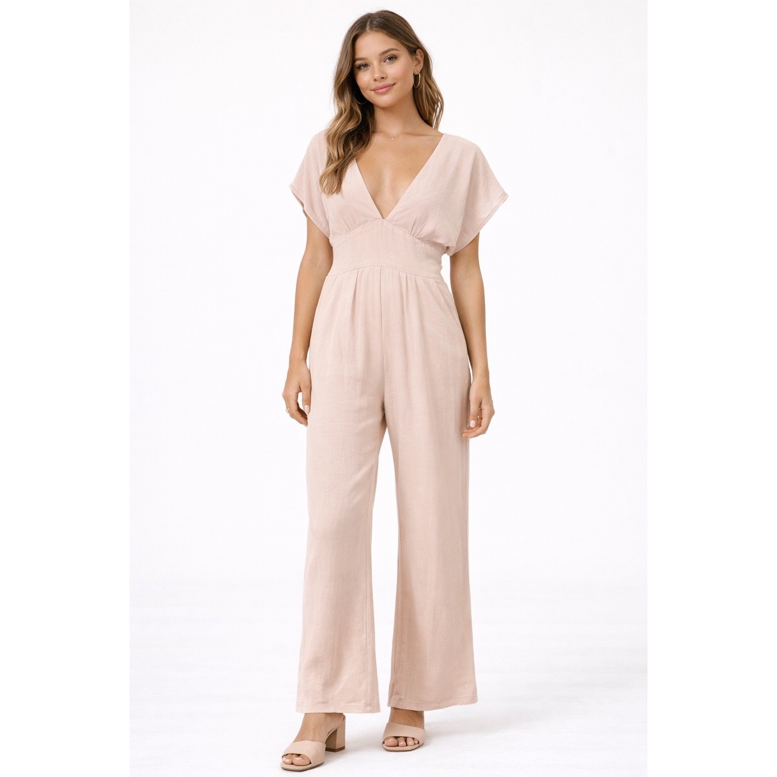 Blue Life Women Pale Pink Crinkle V-Neck Wide Leg Jumpsuit S Tie Party Event