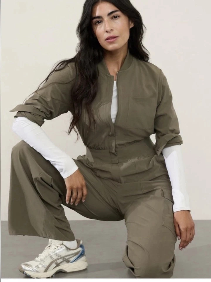 Athleta 16 Brooklyn Long Sleeve Jumpsuit Moss Green XL #415820 Stretch $149
