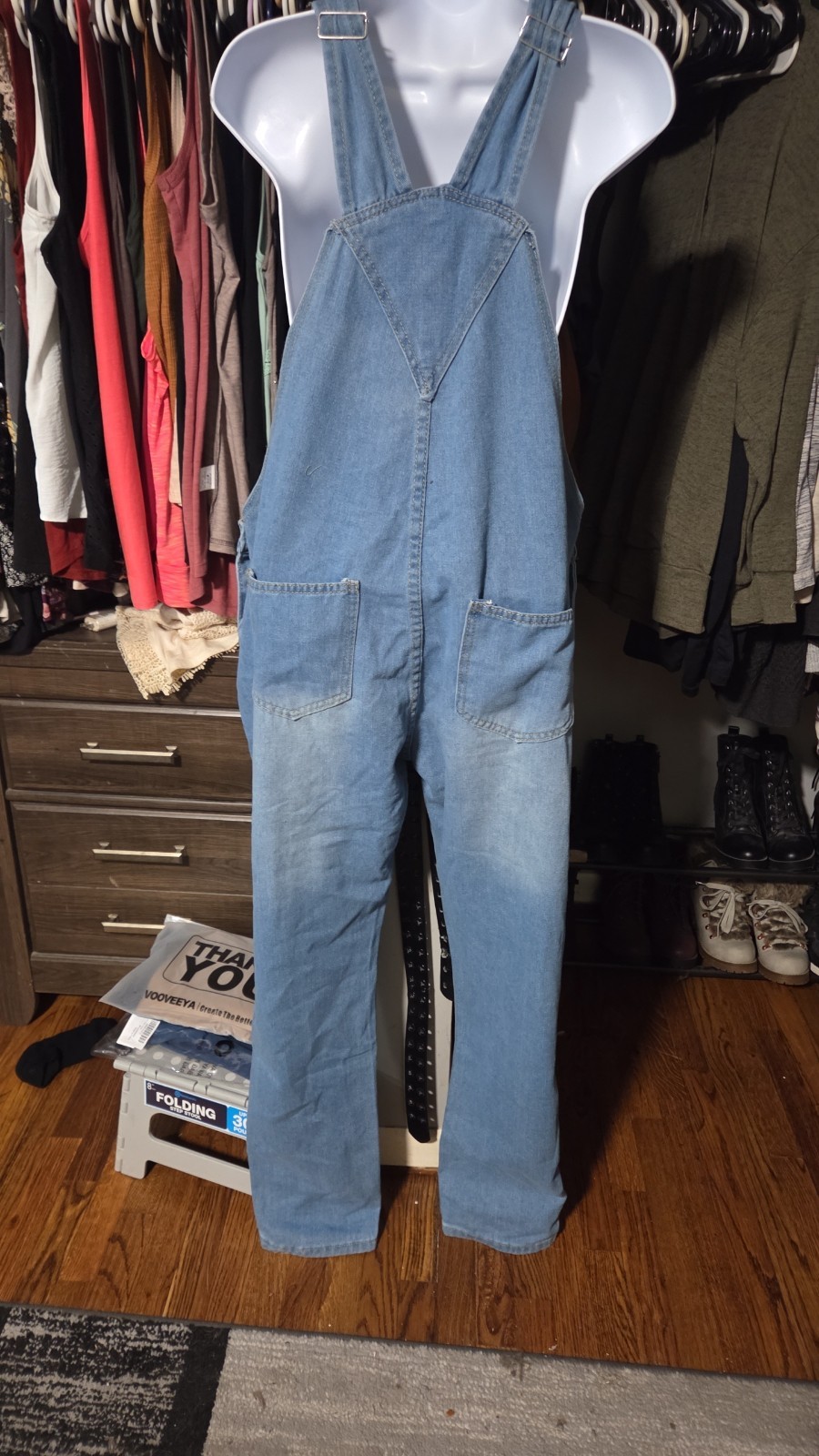 Women’s XL Blue Denim Distressed Bib Overalls Sleeveless Pockets Adjustable