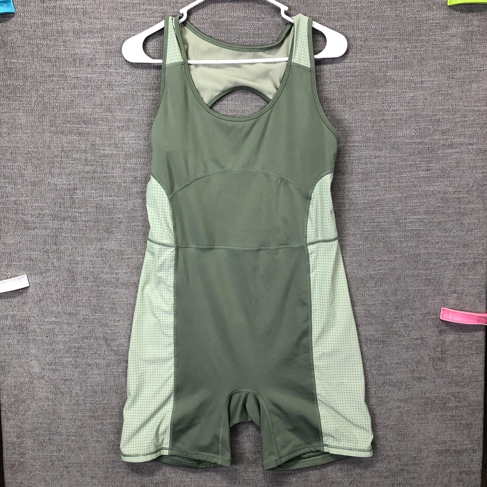 Fabletics Unitard Womens XL Green Colorblock Mesh One Piece Biker Romper Active