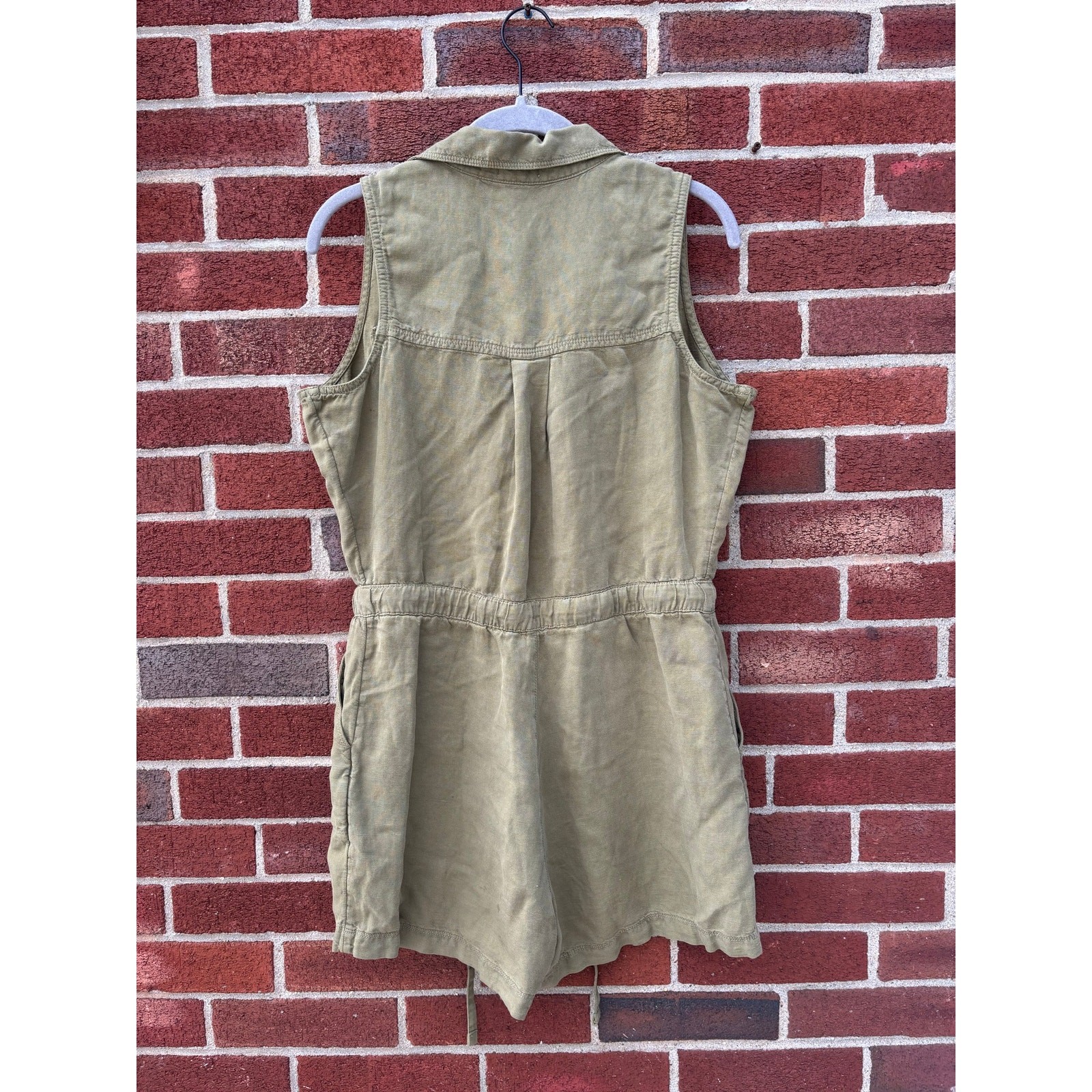 Nicole Miller New York Utility Romper Womens 4 Olive Green Linen Blend Safari