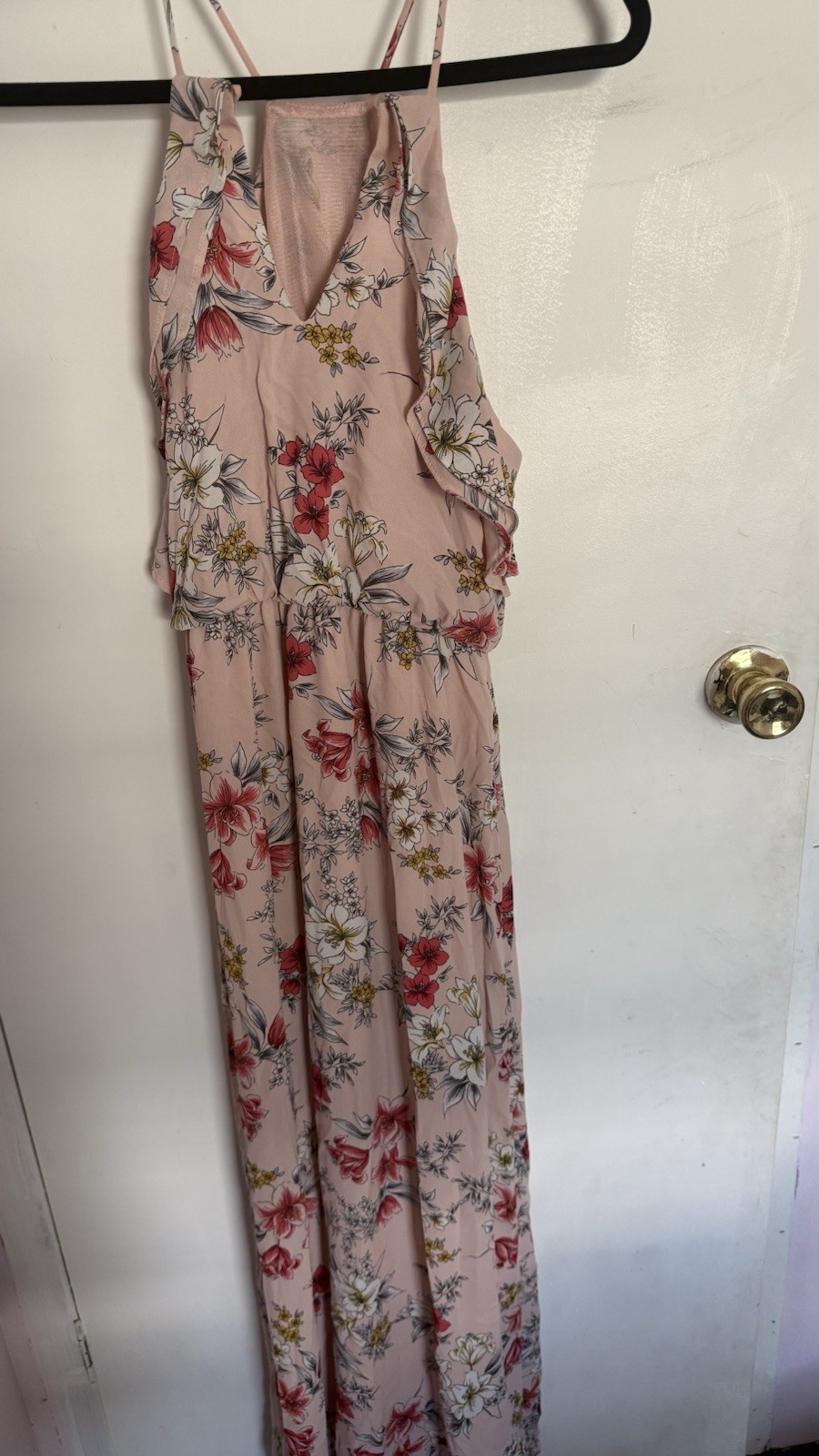 Lush Light Pink Floral Chiffon Maxi Dress Ruffle V-Neck Halter Size M
