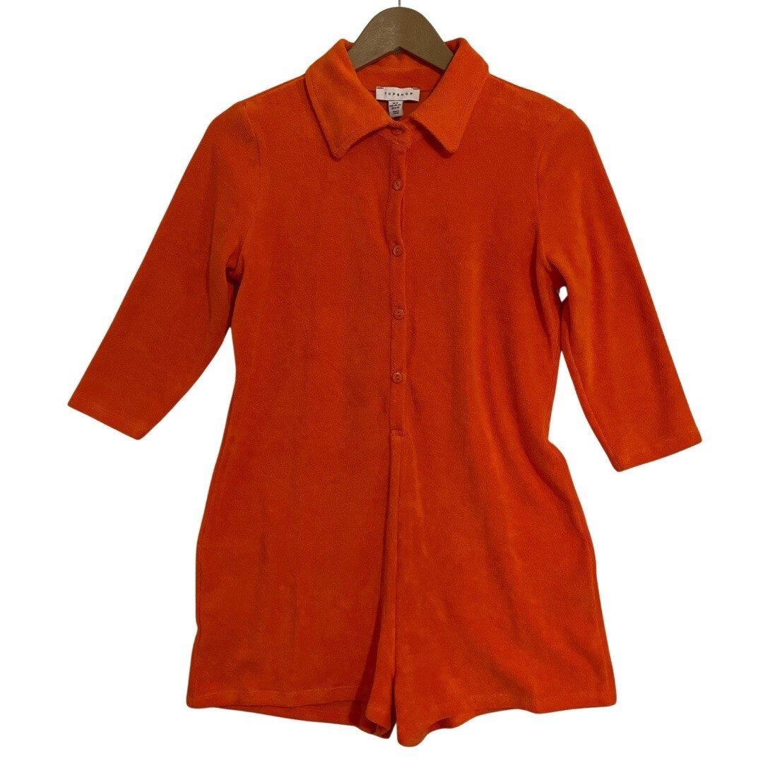 Topshop ASOS Terry Romper Women M 8-10 Orange 3/4 Sleeve Button Front Shorts NEW