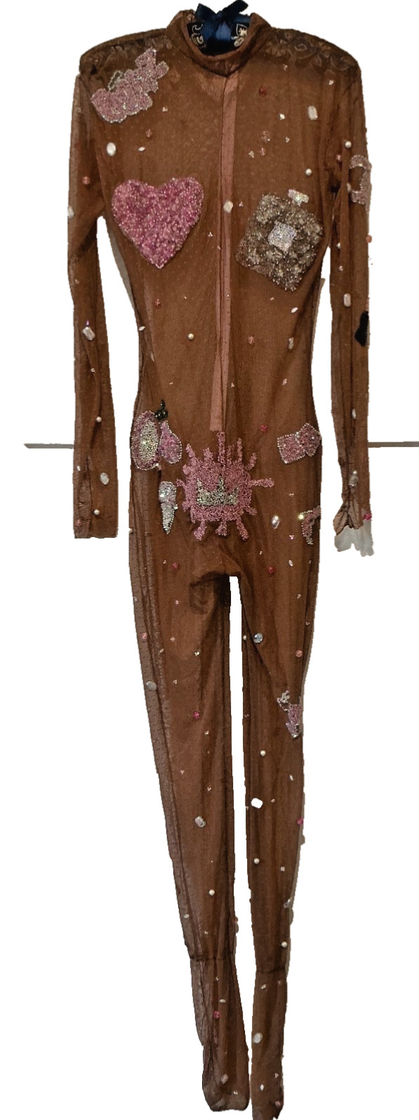 Custom Handmade Sheer Sexy Club Brown Rhinestone Stage CosplayBejeweled Jumpsuit