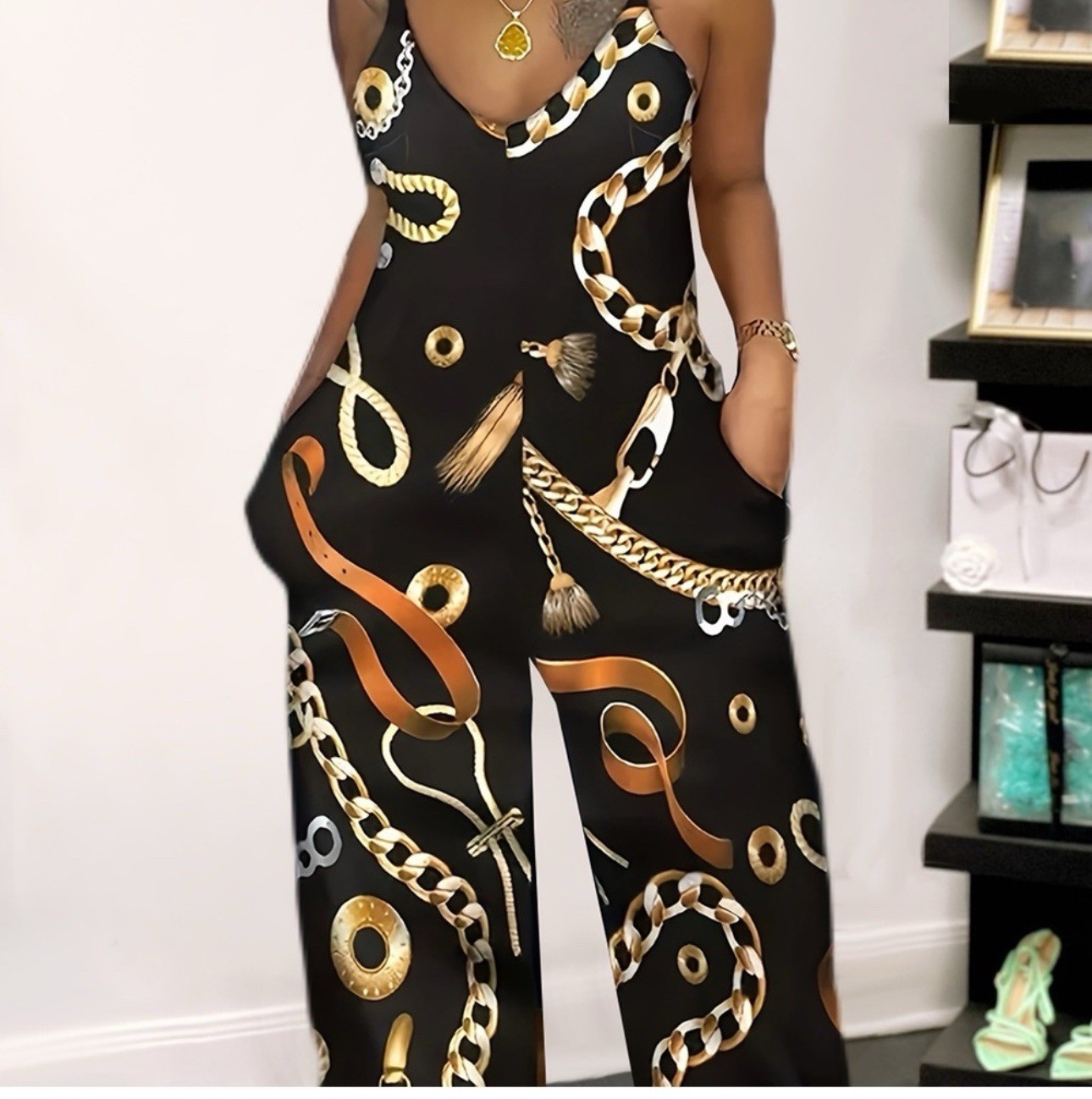 Chic Me Chains Sleeveless Jumpsuit Size 1X Black/Gold