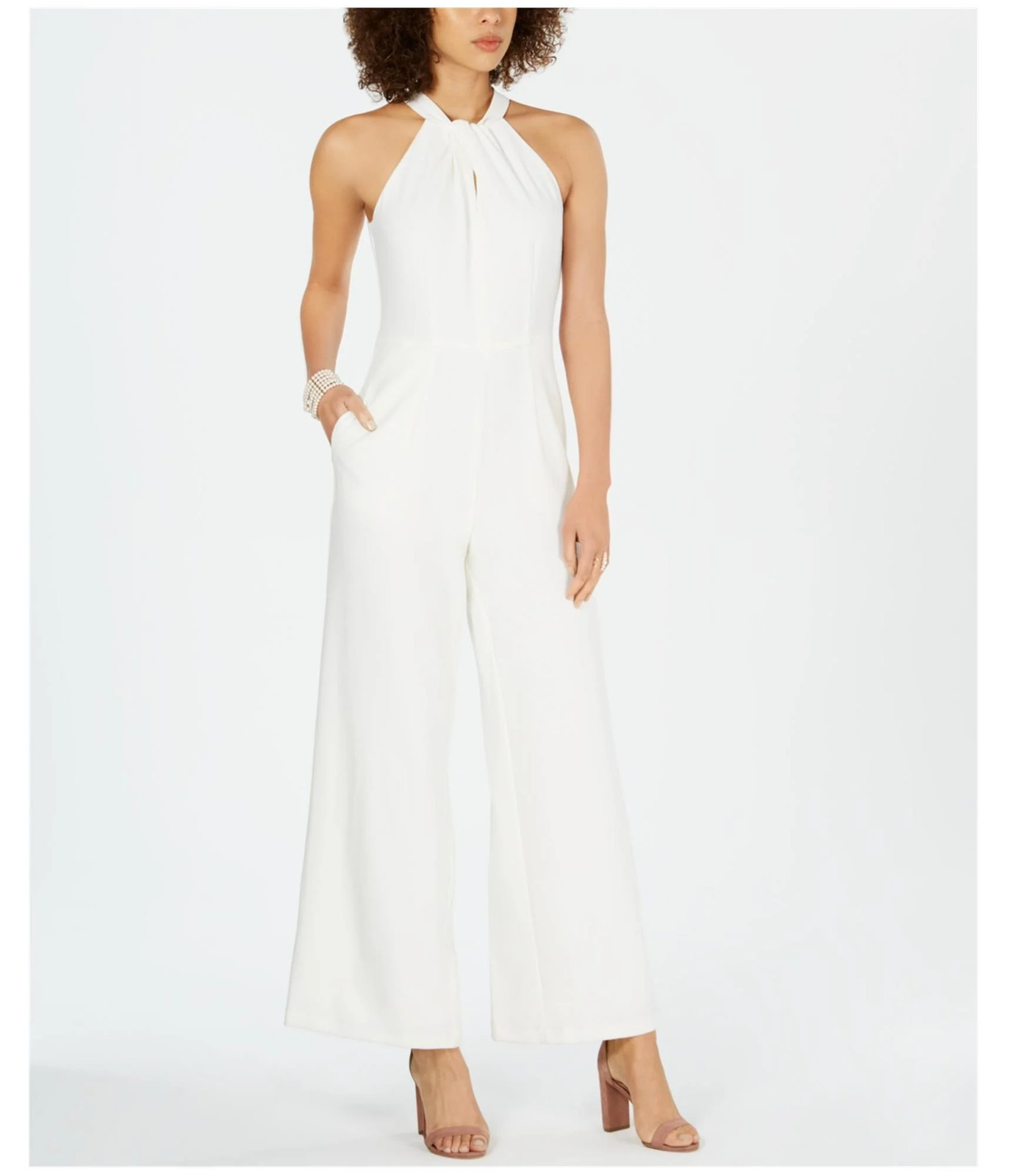 Julia Jordan Womens Twist Front Halter Jumpsuit, white, 4
