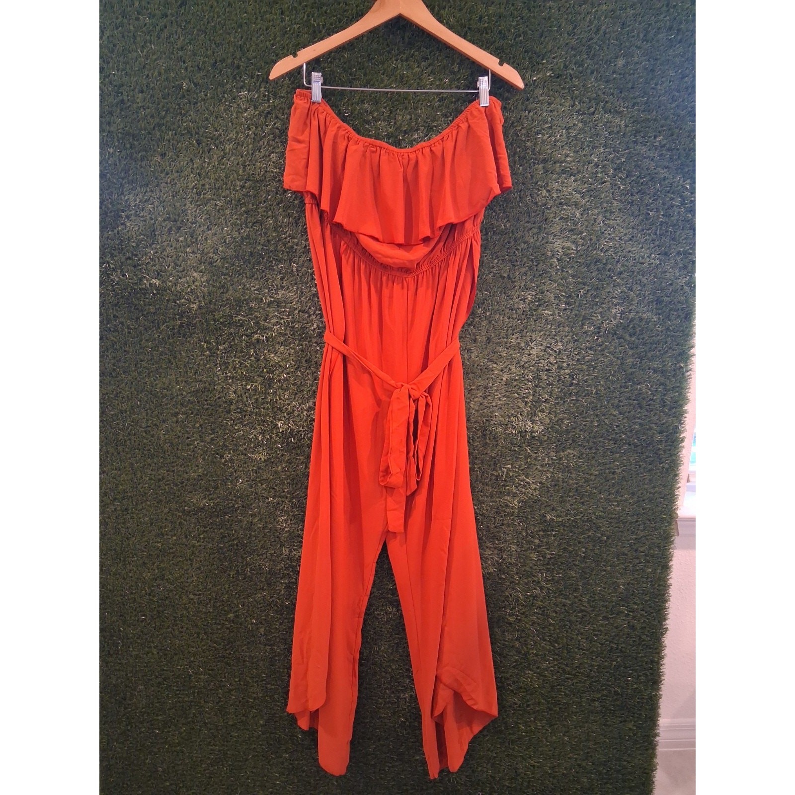 SHEIN Curve 4XL Orange Off Shoulder Ruffle Jumpsuit Wide Leg Side Slits…