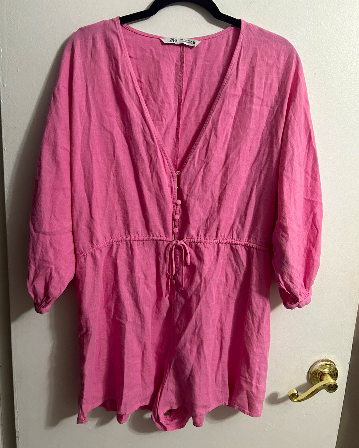 ZARA Pink Linen V-Neck 3/4 Sleeve Button Front Drawstring Waist Romper M