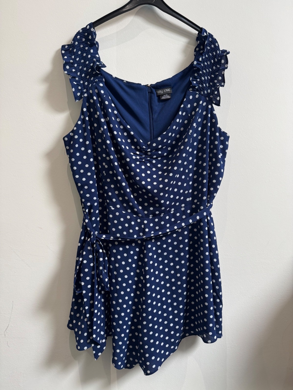 City Chic navy blue polka dot playsuit floppy shorts Bardot top size 22 – VGC
