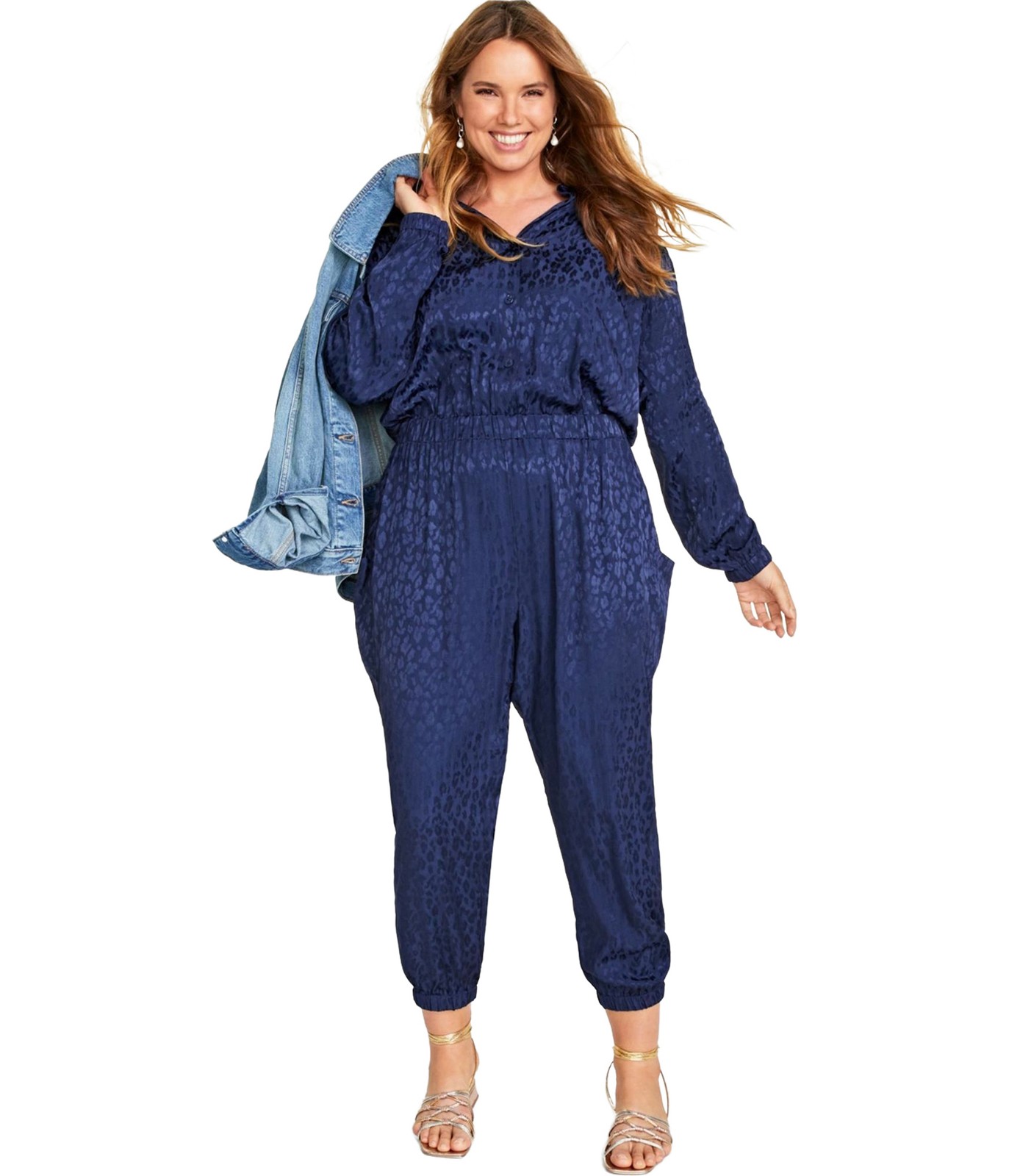 ON 34TH Womens Leopard Print Jacquard Jumpsuit, Blue, Plus Size, 2X