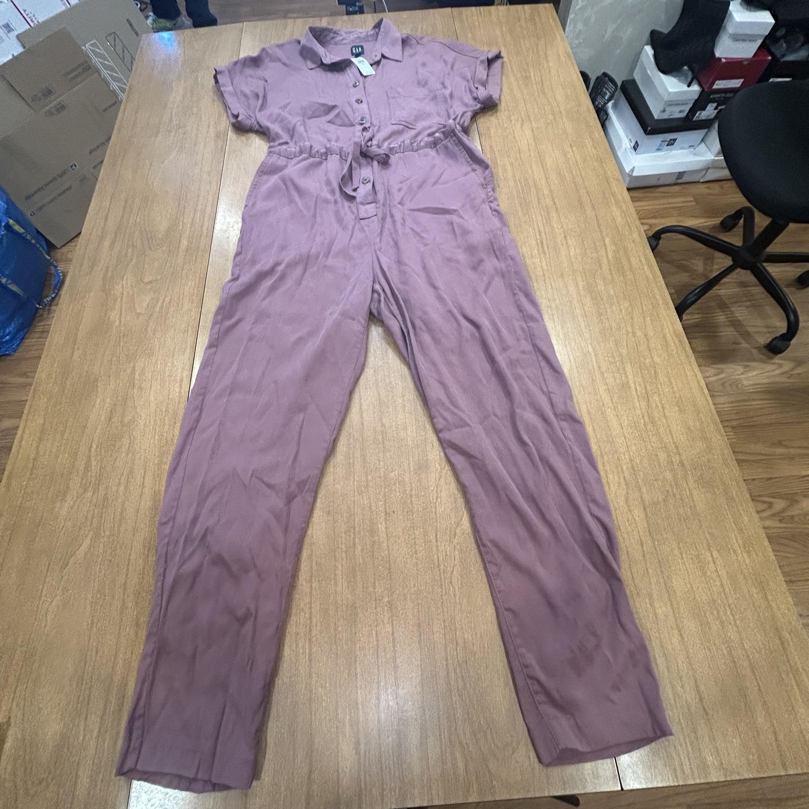 Gap Jumpsuit Womens 6 Purple Short Sleeve Button Front Collared Pockets Twill