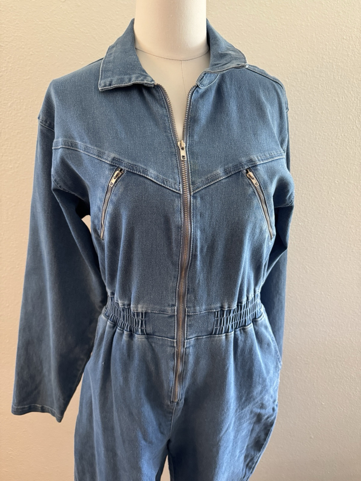 Unique Vintage Stretch Light Blue Denim Jumpsuit Zip Front 70s 80s Retro Pinup