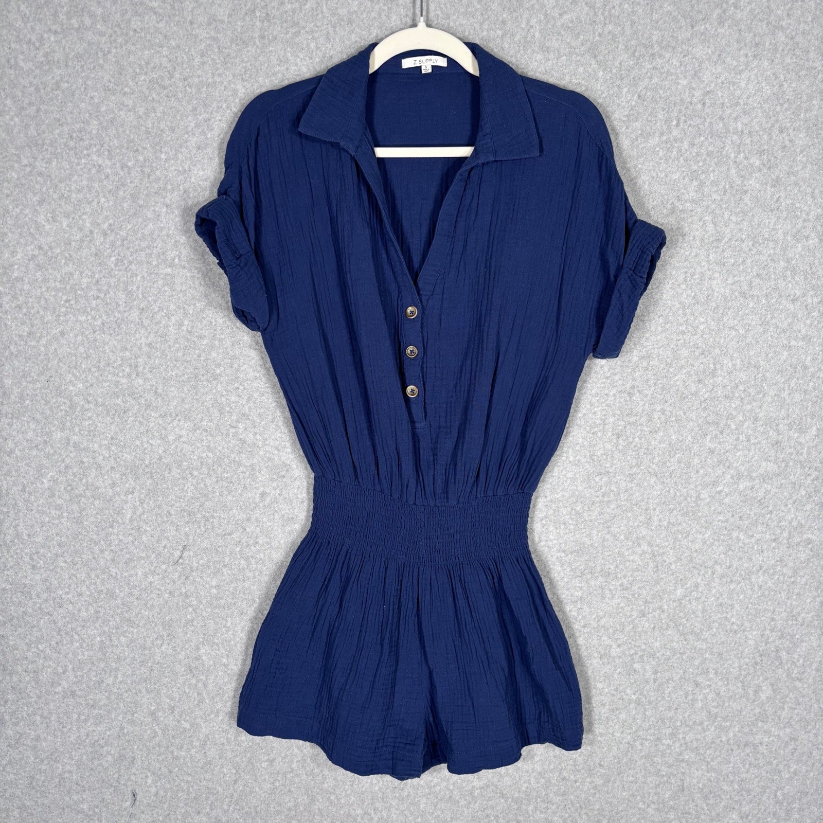 Z Supply Gauze Romper Small Cotton Smocked Waist Button Front Oversized Vacation