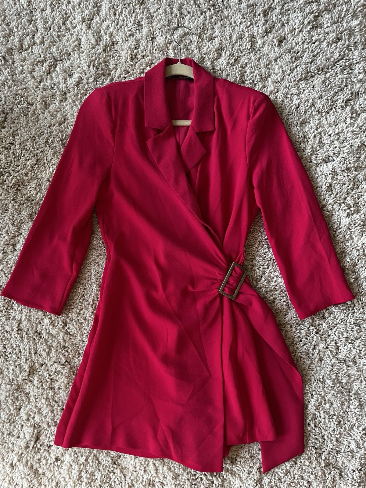 Zara Pink Solid Wrap Romper w/ Buckle, Collared Neck, 3/4 Sleeve, S