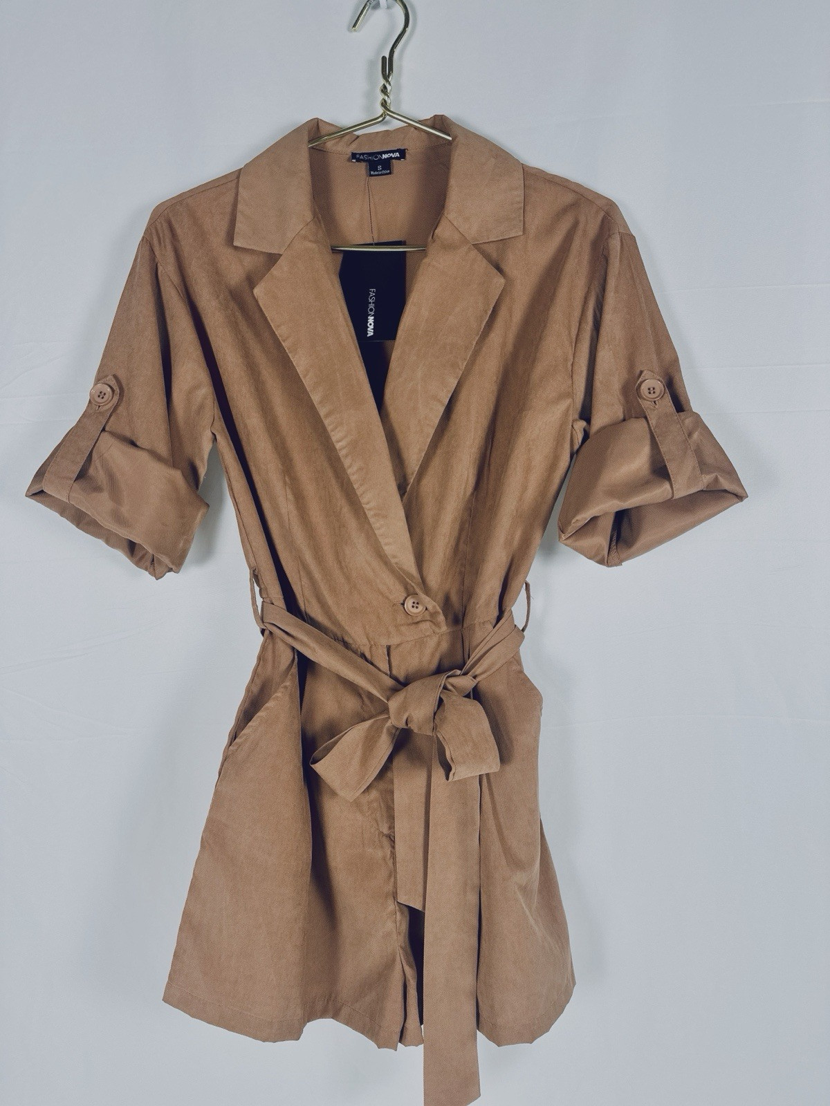 Fashion Nova Rust Utility Blazer Romper Tie Waist Roll-Tab Sleeves Size S NWT