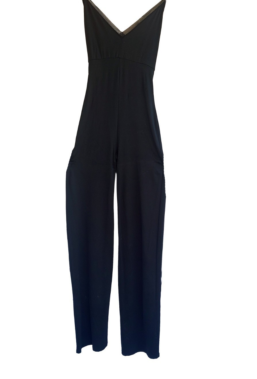 57 Black Skinny Jumpsuit Womens Medium Deep V Neck Spaghetti Strap Long Leg