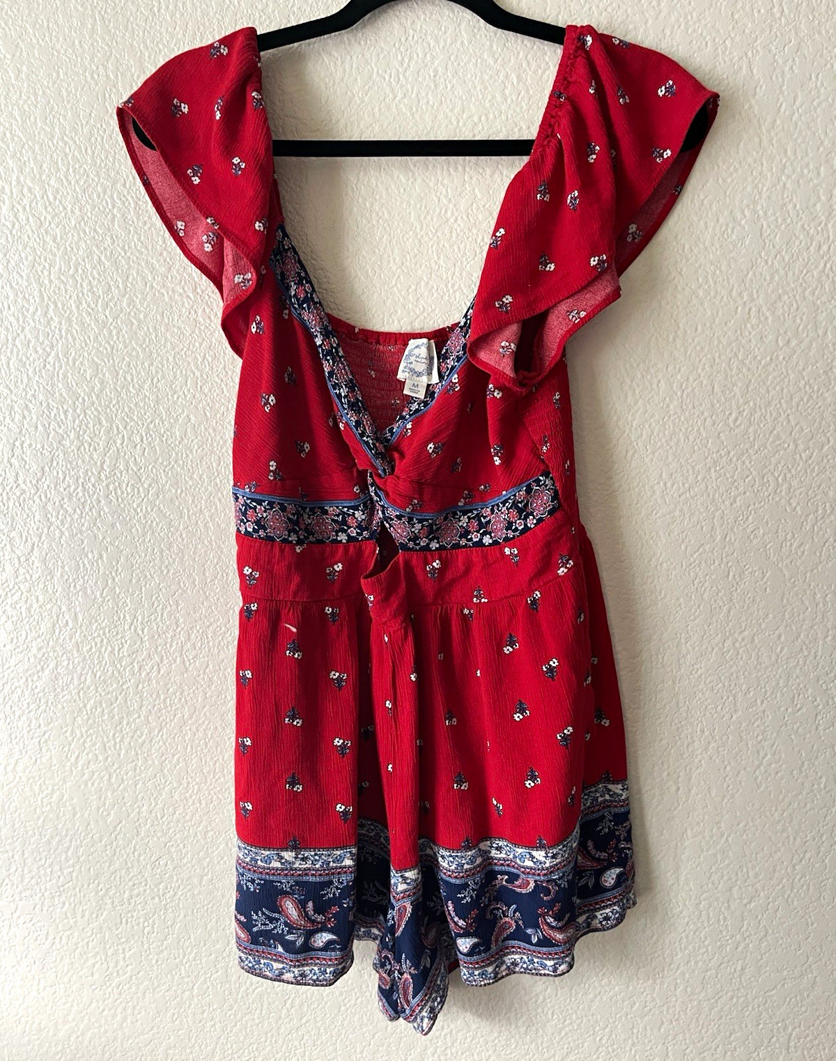 Blue Rain Women’s Red Floral V-Neck Flutter Sleeve Ruffle Romper Size M