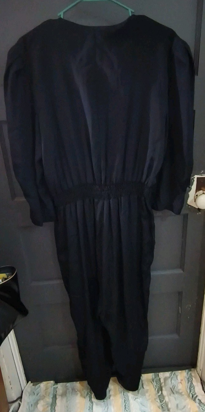 Vtg Jackie & Eric Black Jumpsuit Womens M/L Sweetheart Neck Puff Sleeve Goth 70s