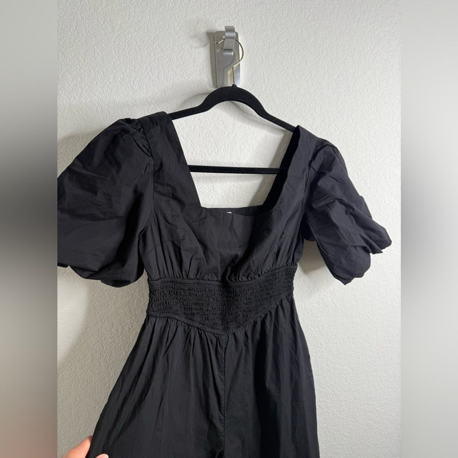 NWT Anthropologie Maeve Puff-Sleeve Smocked Culotte Jumpsuit Black Sz XS Tall