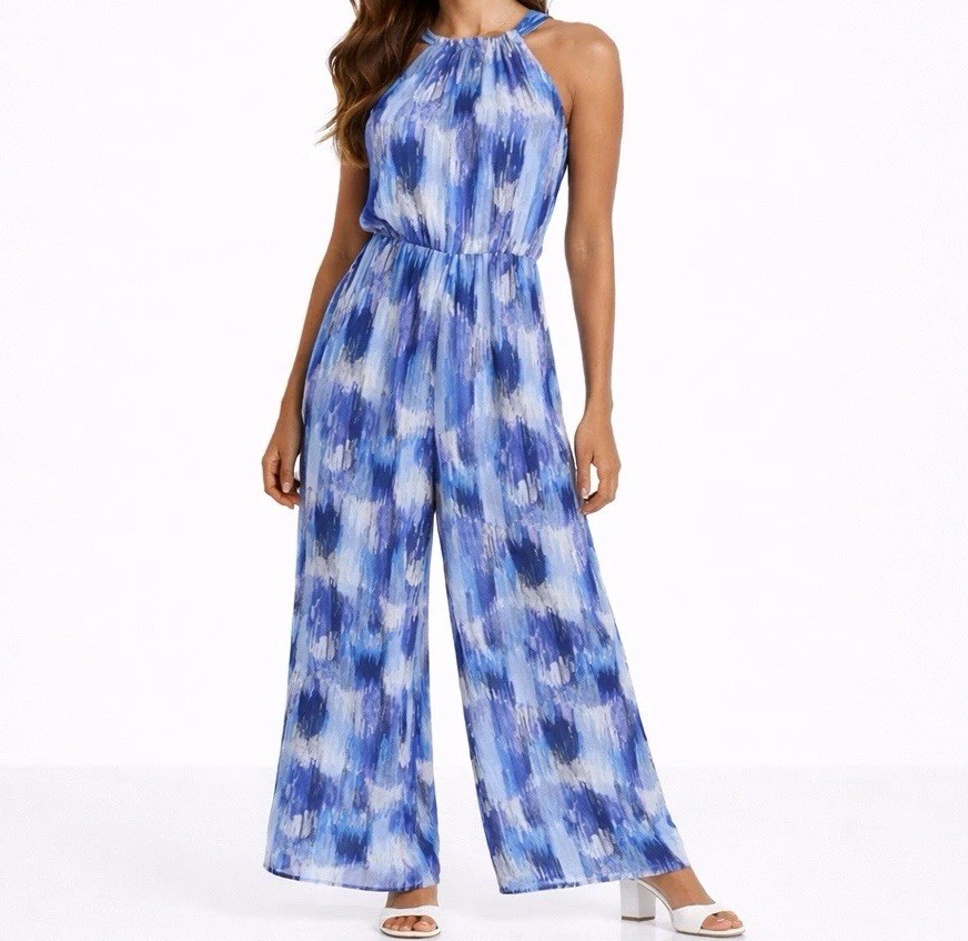 AQUA Brand Jumpsuit Tie Back Wide Leg All Over Print Halter Neck S $180