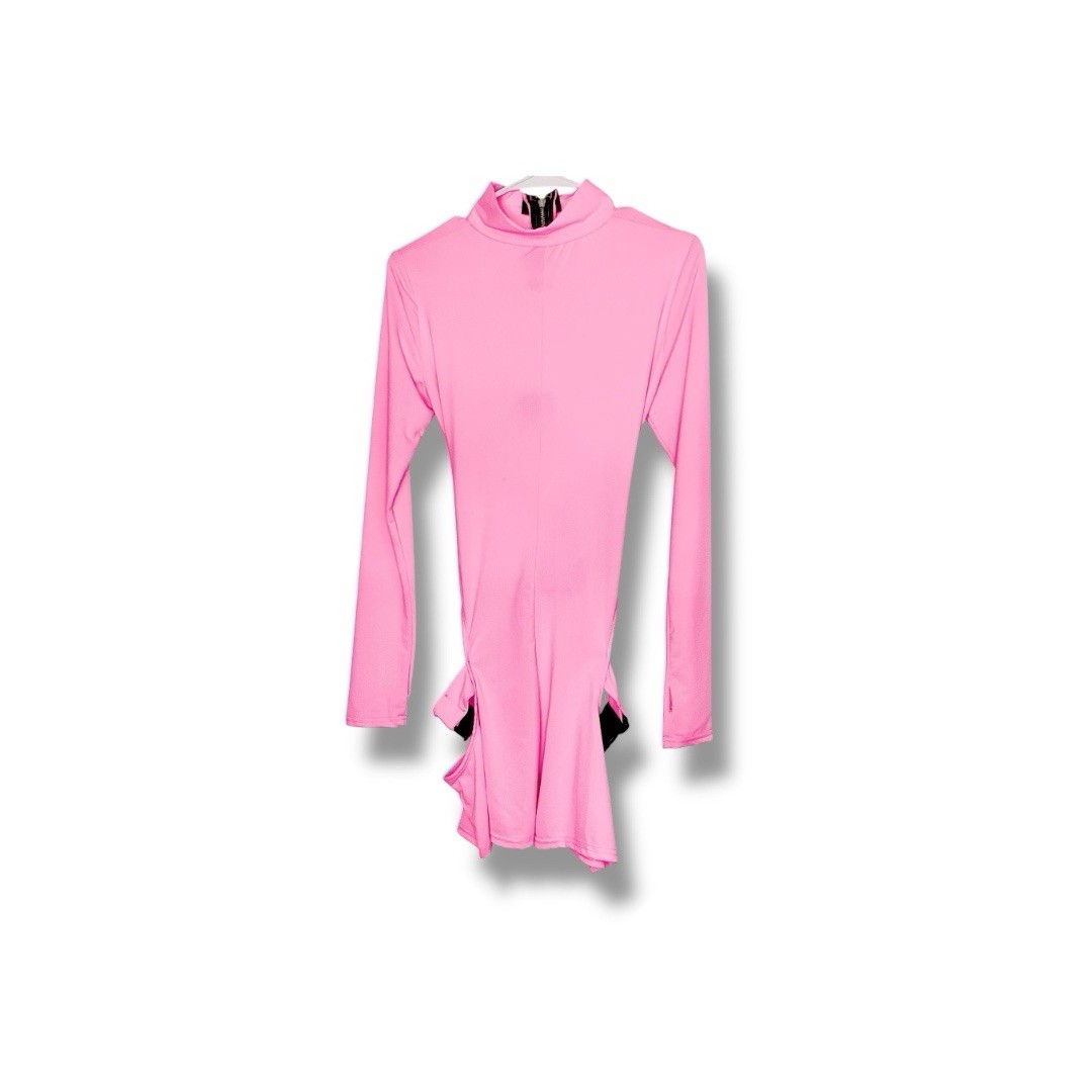 Pink High Neck Long Sleeve Romper Cut-Out Buckle Zip Stretch Party Size L