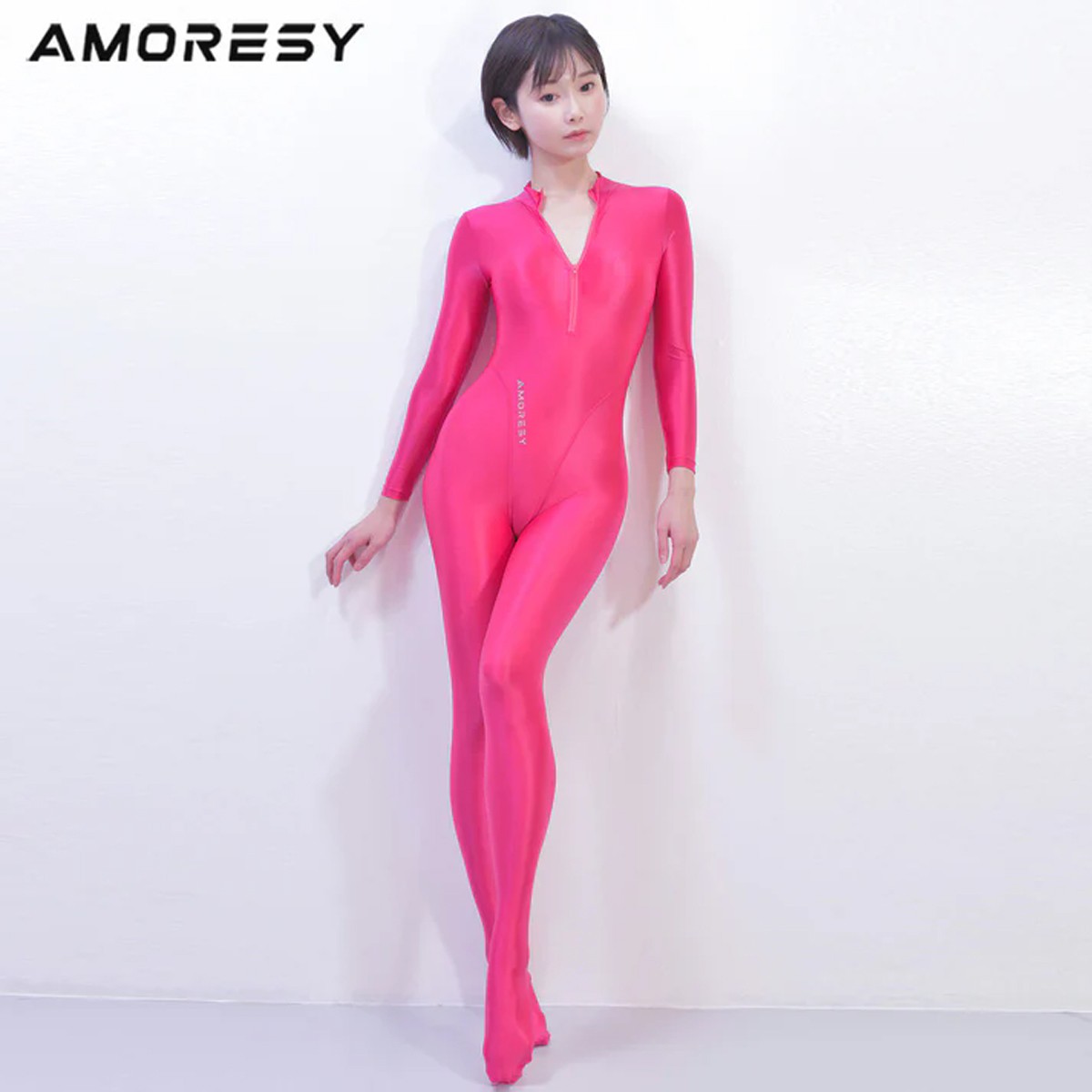 AMORESY Women Glossy Ultra-thin Onepiece Front Zip Jumpsuit Tight Catsuit Zentai