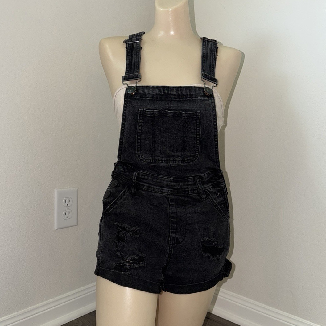 rue21 Black Denim Overall Shortalls Romper Pockets Adjustable Straps Size 4