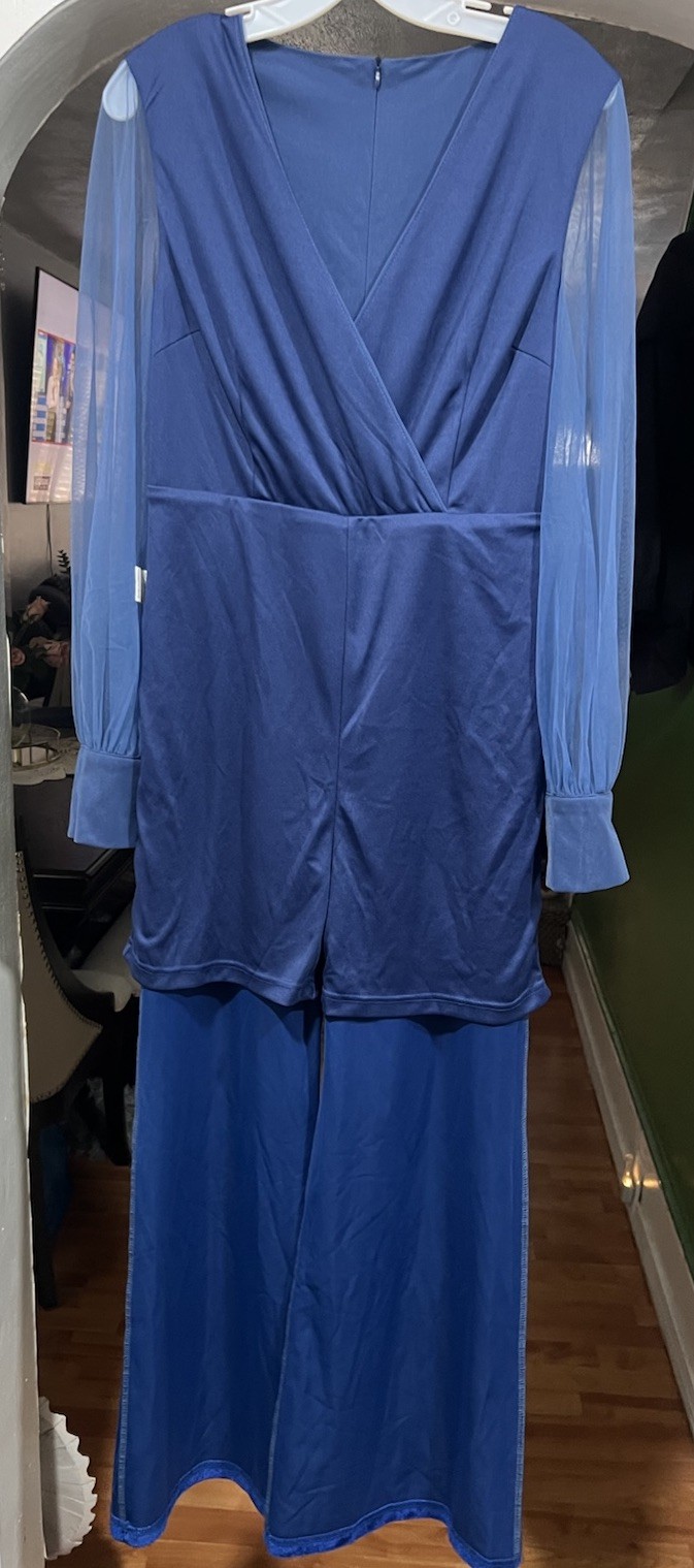 Women Royal Blue Mesh V Neck Long Sleeve Velvet Jumpsuit | fehaute Size 8