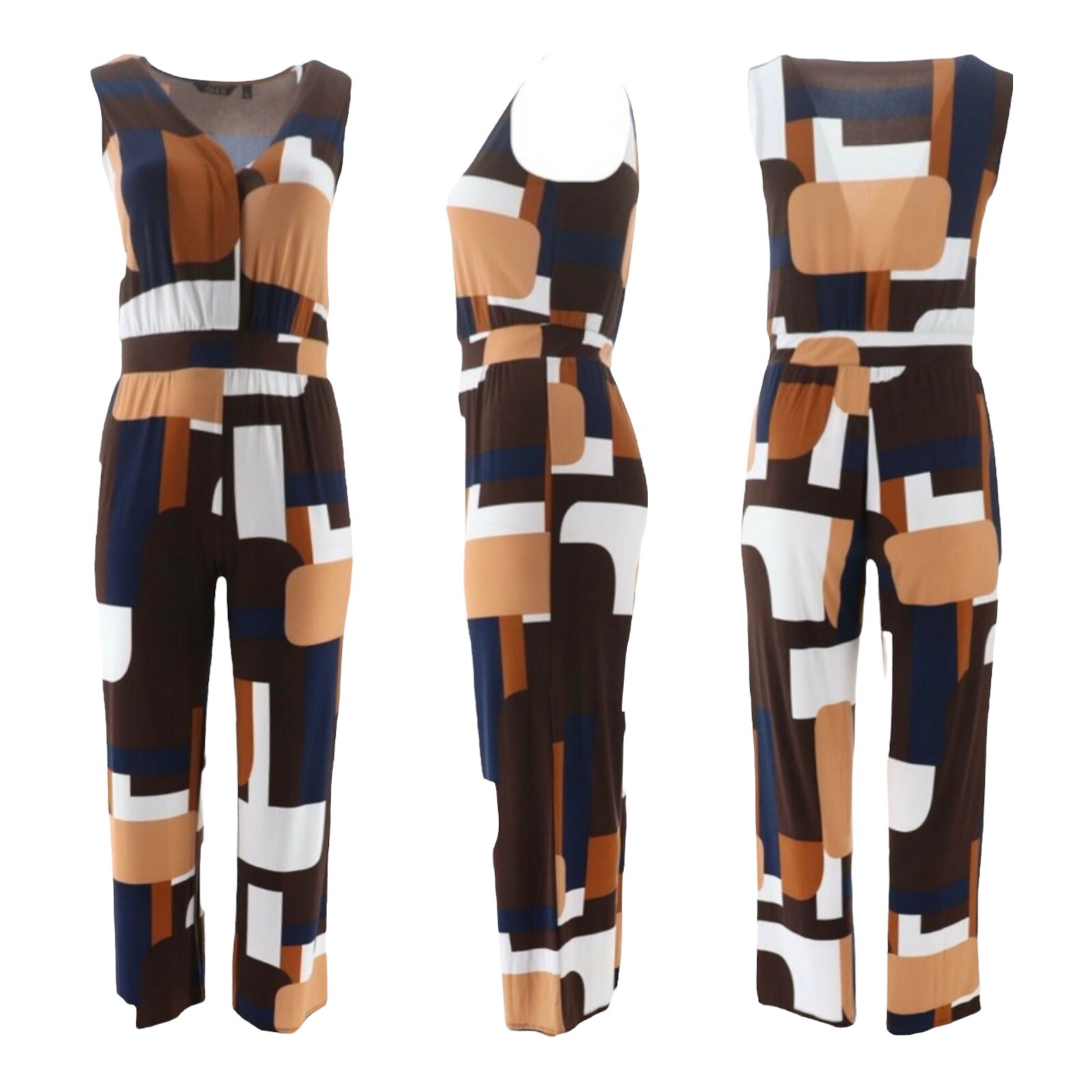 IMAN Chic Sleeveless Jumpsuit Stretch 12-14 Petite Large Chocolate Geo 689-720
