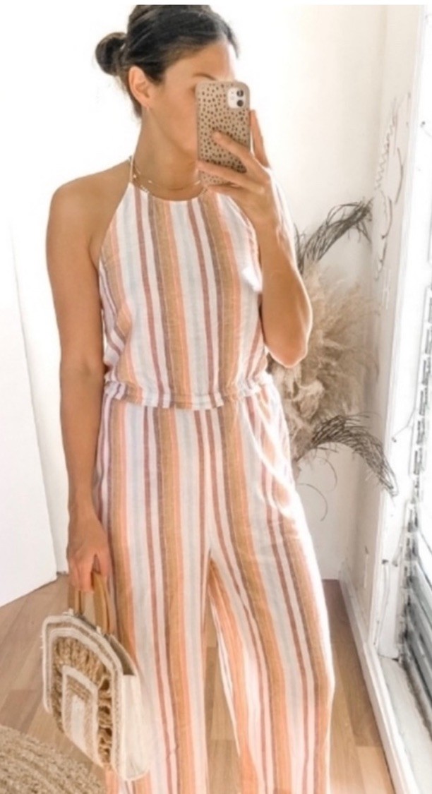 Anthropologie Cloth & Stone Sleeveless Striped Linen Jumpsuit Romper Size XS EUC