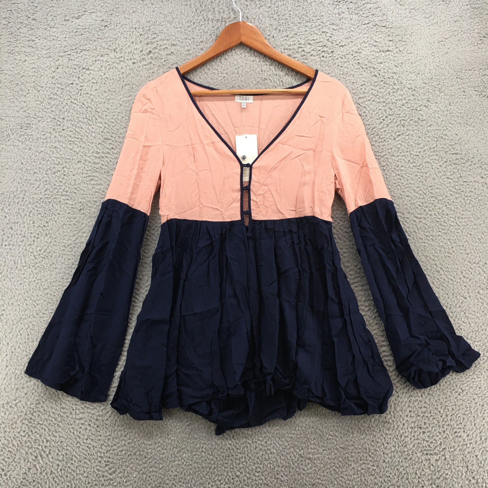 Tobi Button Up Romper Womens S Pink Blue Henley Bell Sleeve Casual Pull On NEW