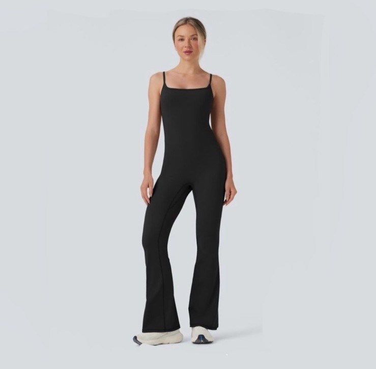 Forever 21 Seamless Rib Active One-Piece Jumpsuit Black Bell Bottom Size Large