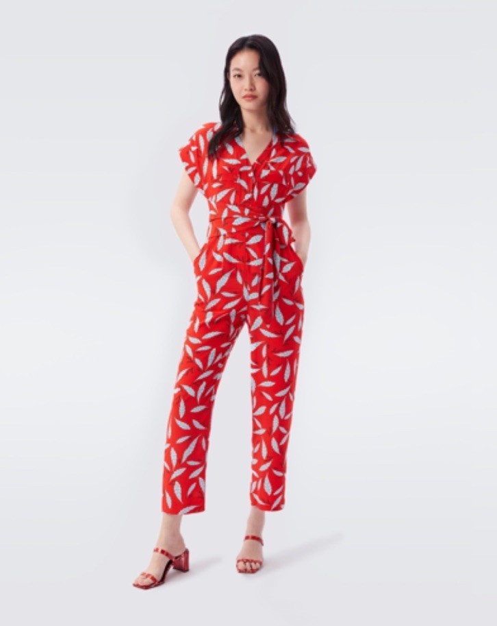 Diane Von Furstenberg Utilitarian Jumpsuit Orange Blue Benji Wrap Tie Size 12