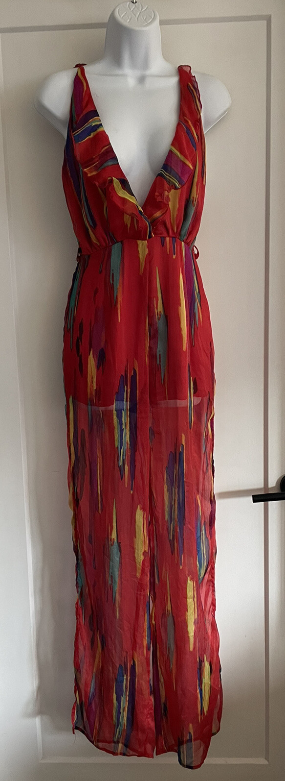 Women’s Luxxel Red Abstract Sheer Ruffle Plunge Jumpsuit Size S