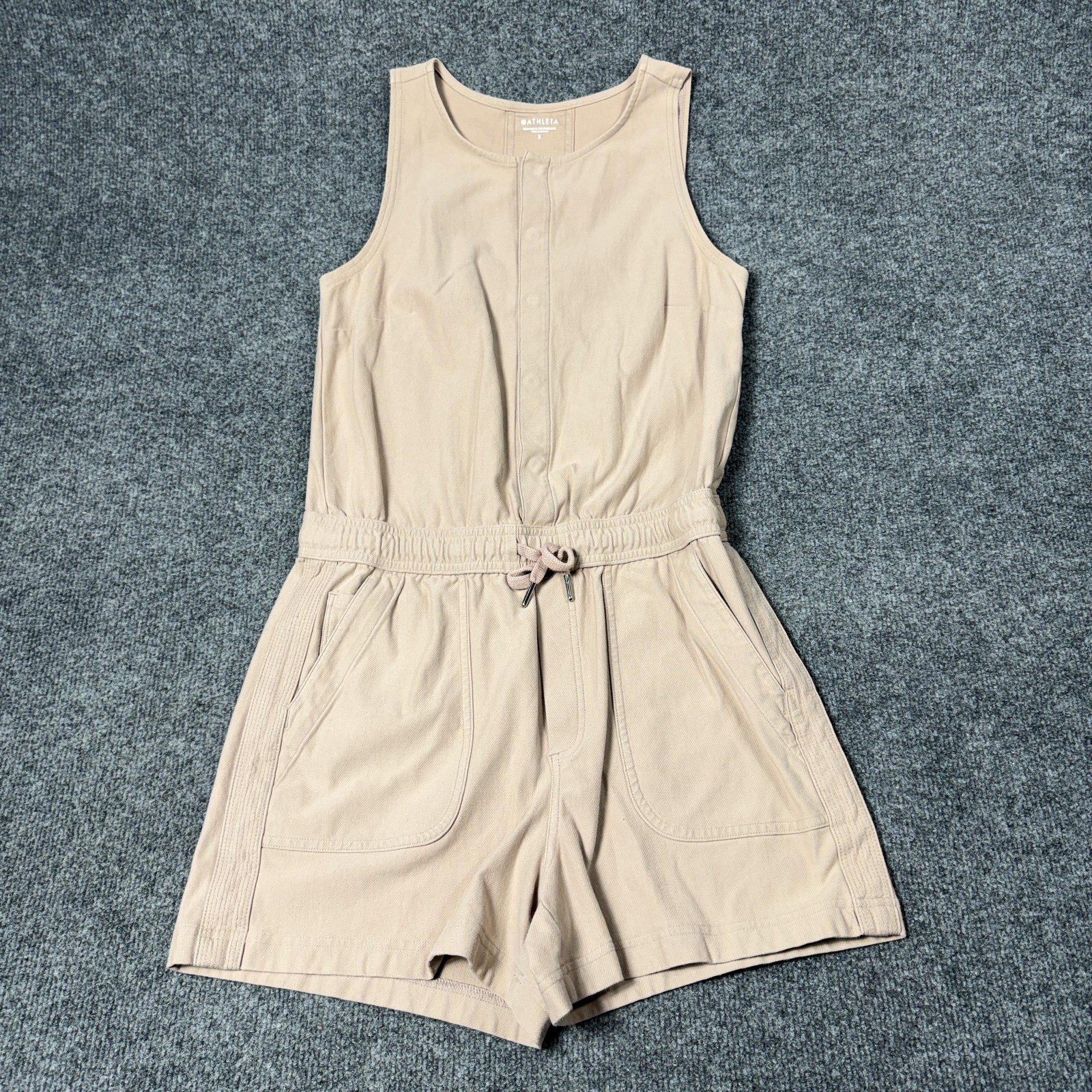 Athleta Romper Womens Small Beige Twill Sleeveless Drawstring Waist Pockets