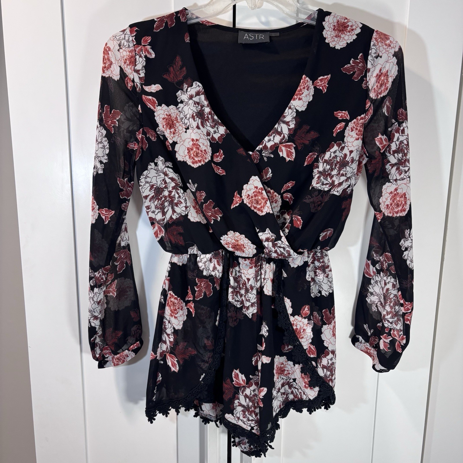 ASTR Romper Lace Sheer Black Floral Red White Burgundy Woman’s Size Small