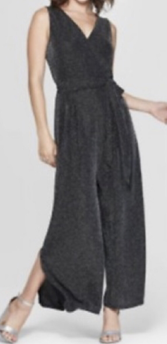 Xhilaration Women’s Black Sleeveless V-Neck Sheer Sparkle Jumpsuit Size Medium