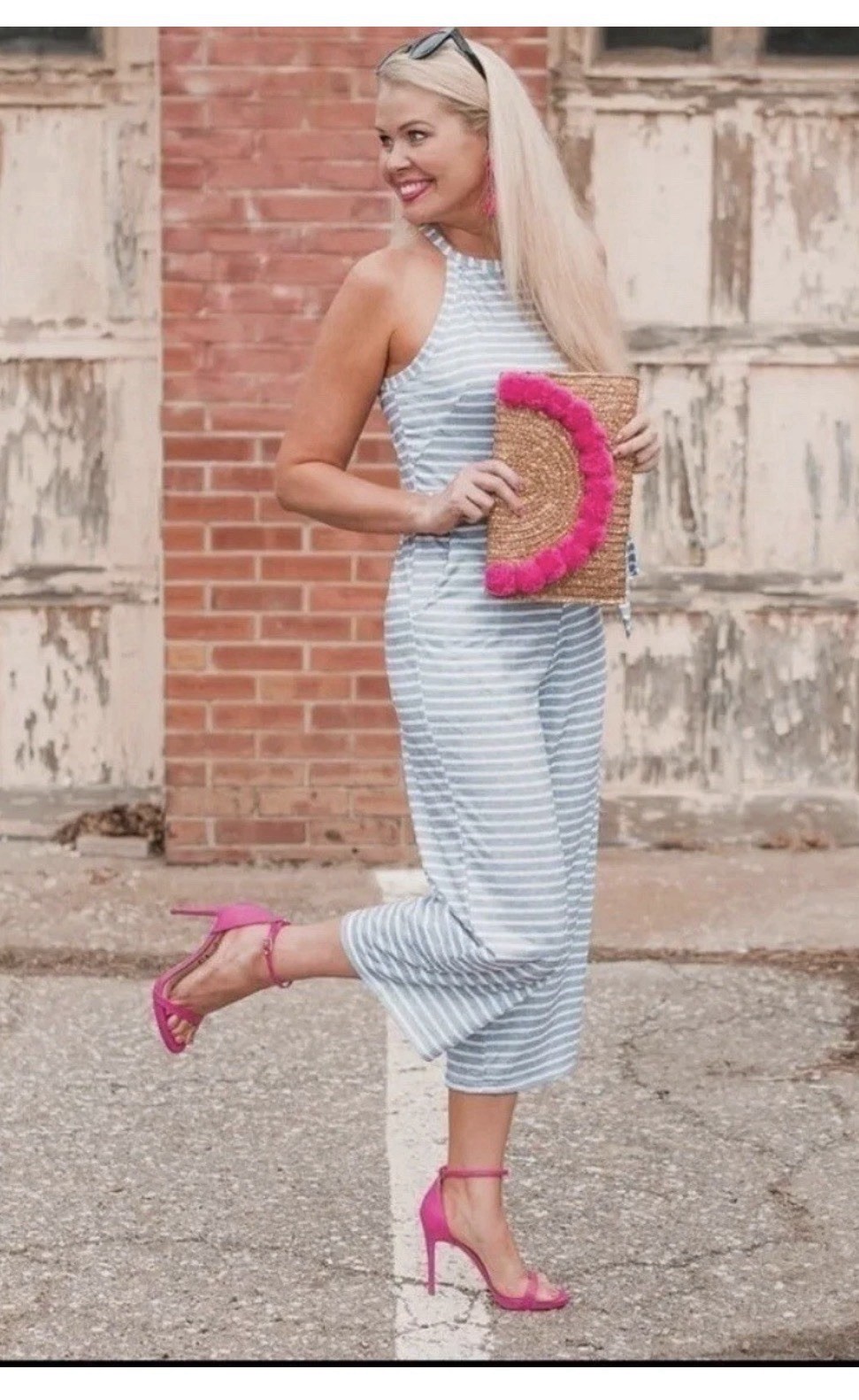 Pretty Garden Blue White Striped Sleeveless Halter Zip Jumpsuit with Pockets S