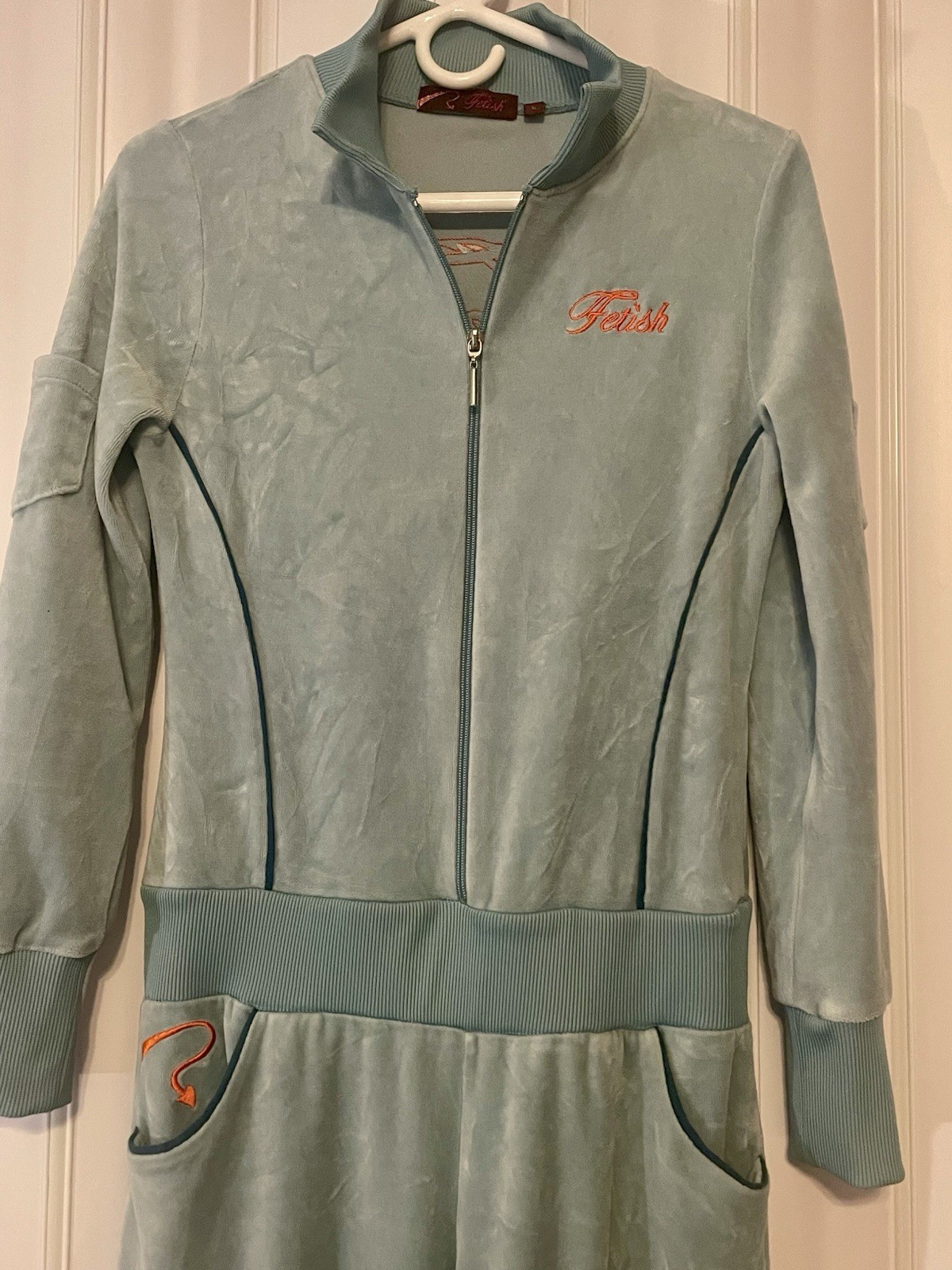 Fetish One Piece Track Suit Velour Blue Womens•L LongSleeve 1/2 Zip Pocket Y2K