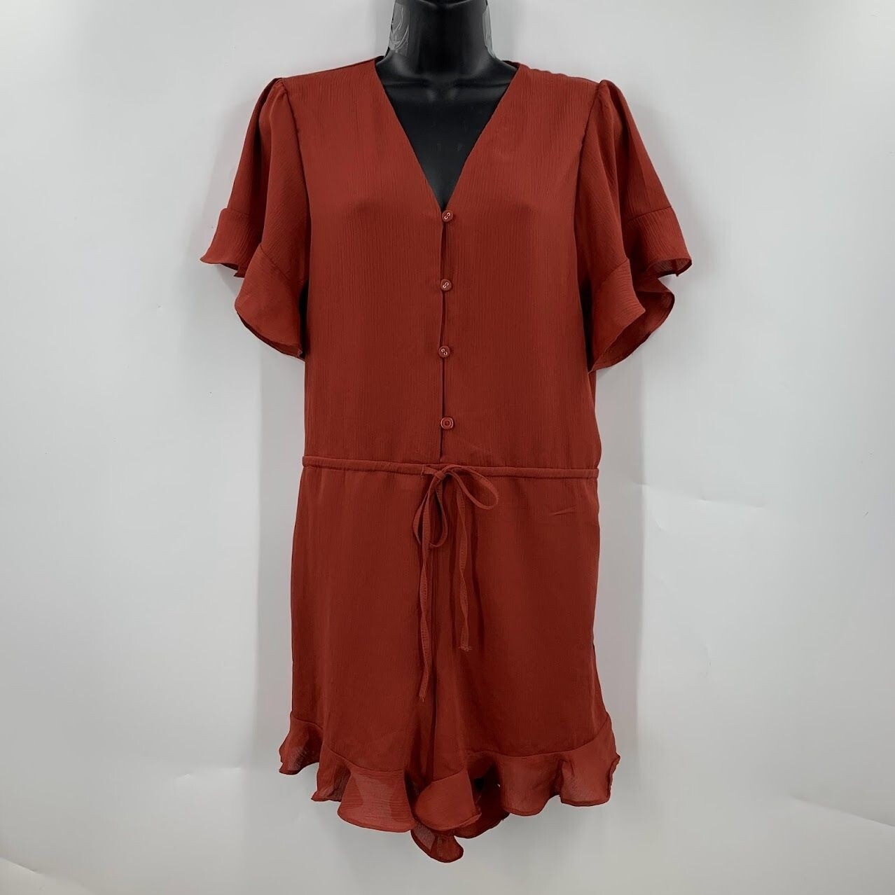 Wishlist Women’s Button Front Tie Waist Ruffle Romper Orange Size M NWOT
