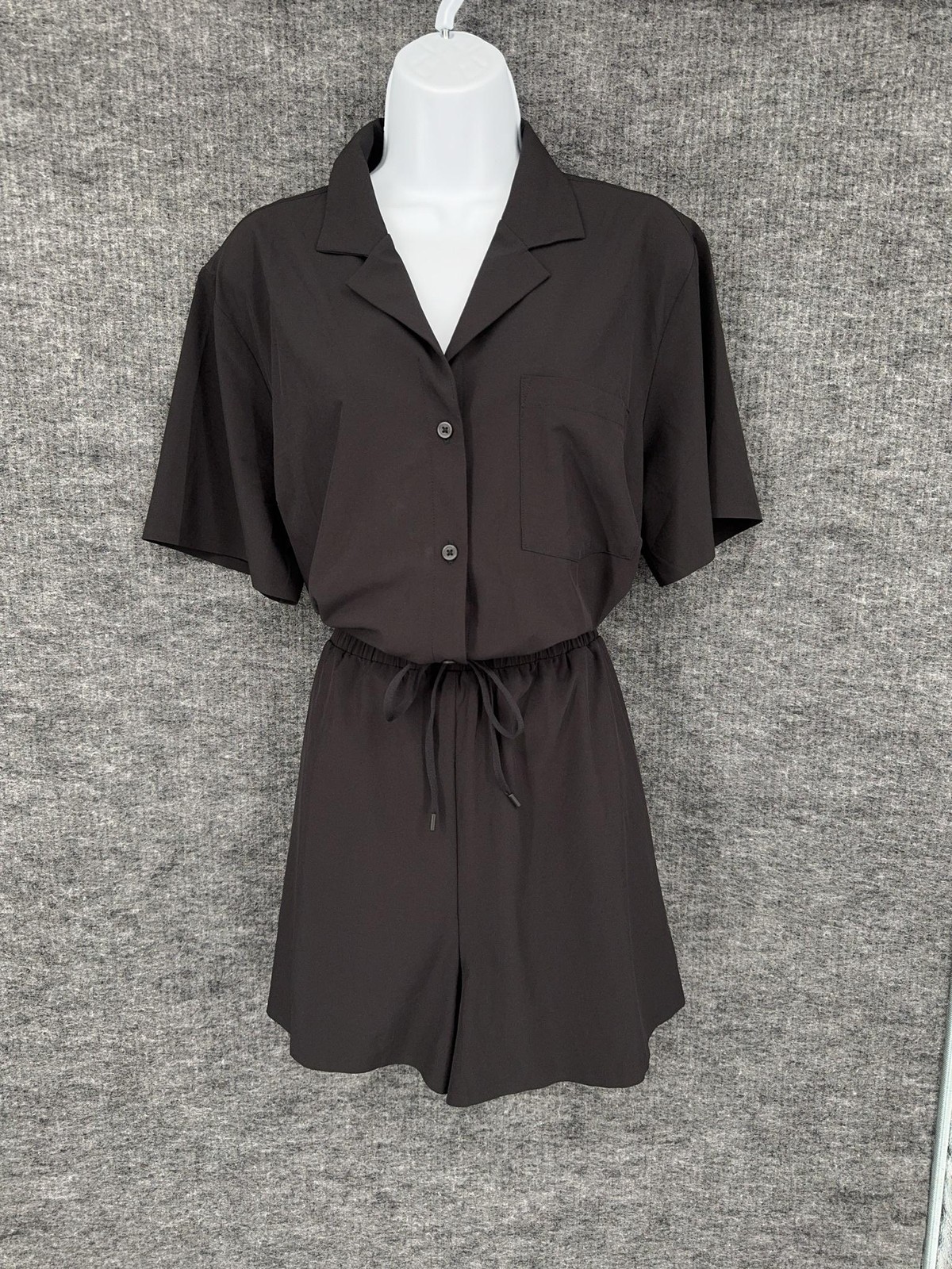 Athleta Romper Womens Large Black Short Sleeve Button Front Elastic Waist