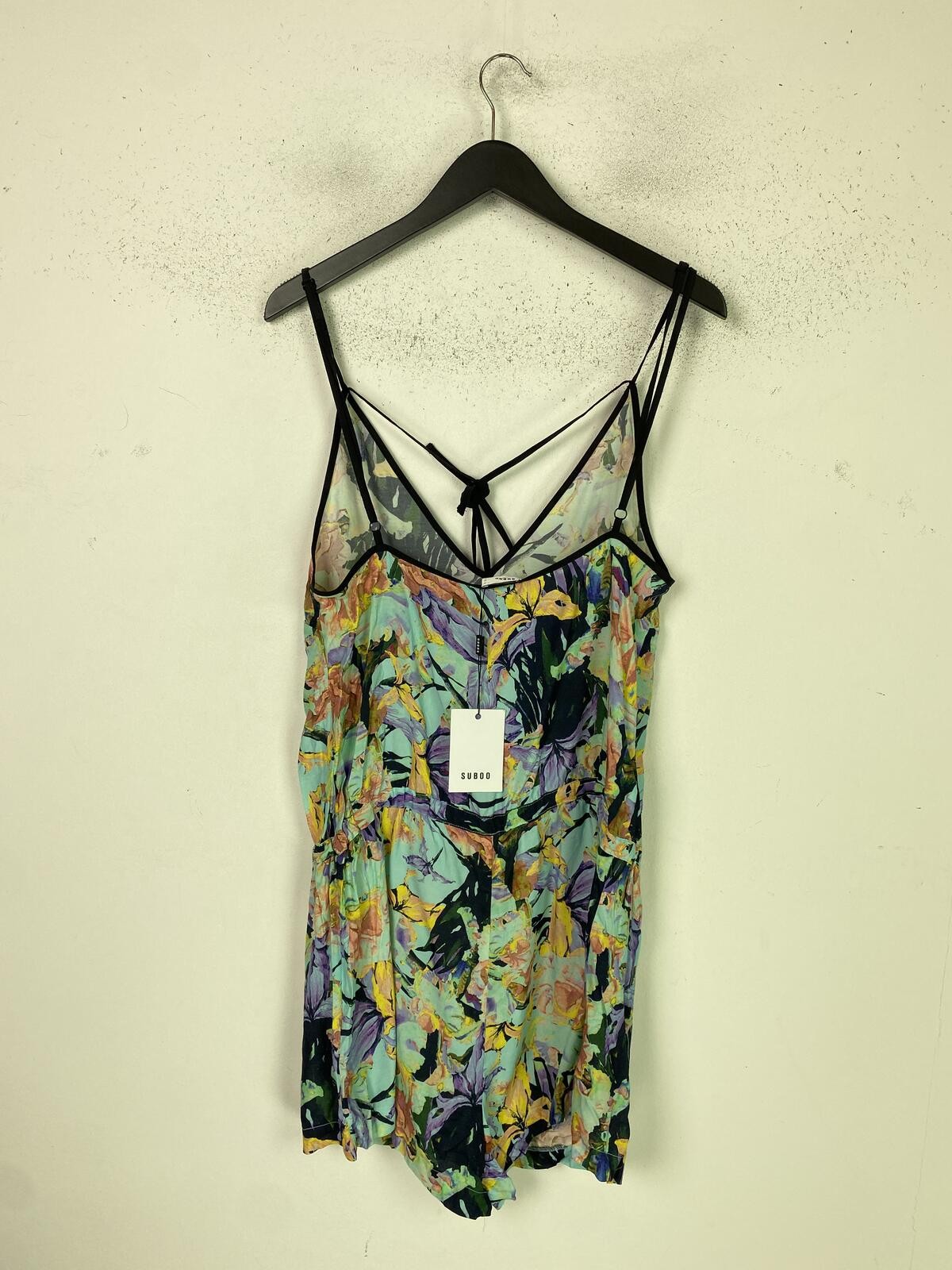Suboo Green Blue Multi Floral Playsuit Strappy Tie Back Sleeveless UK 8 New