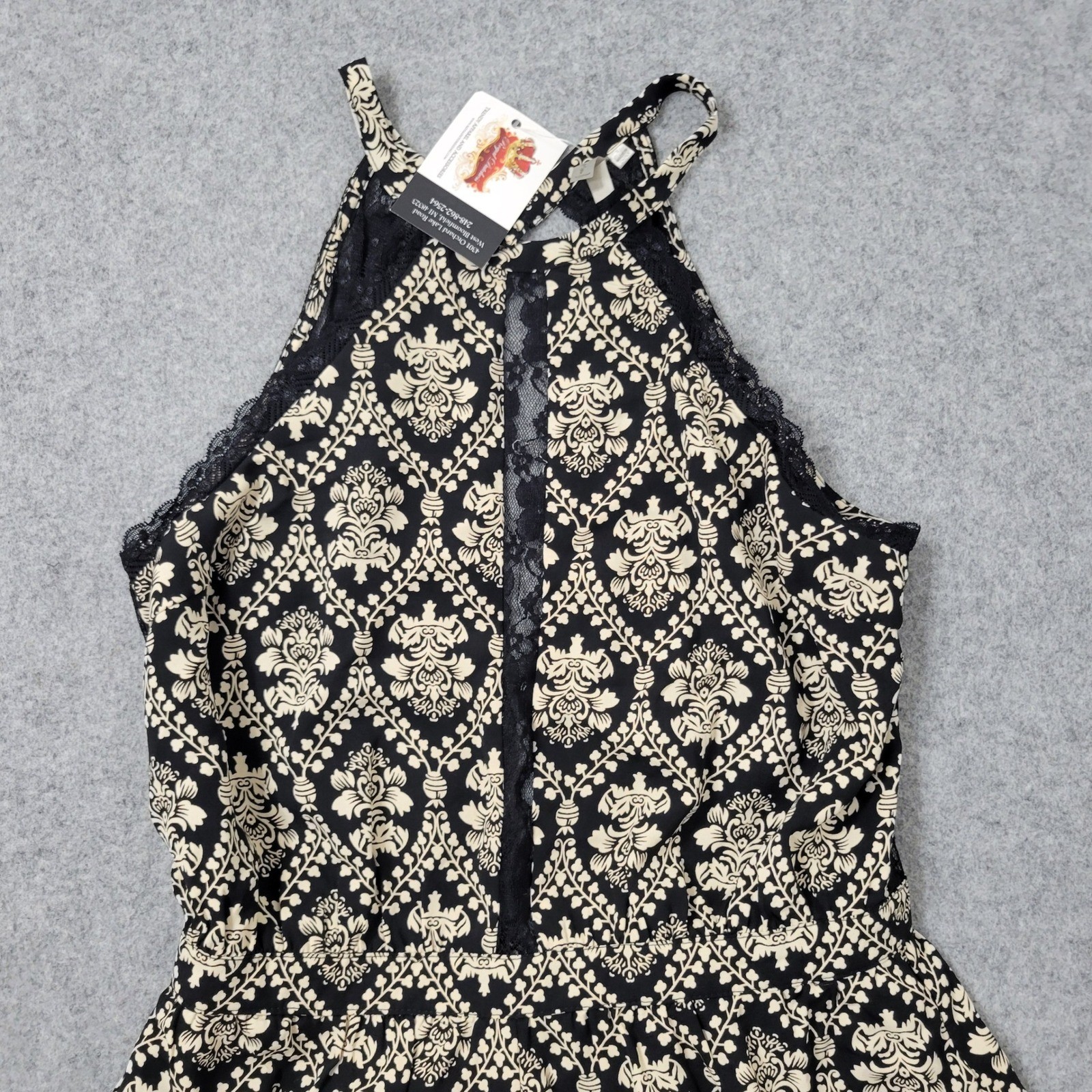Mono B Royal Dutchess Lace Open Back Romper Small Black Cream Damask Print NWT