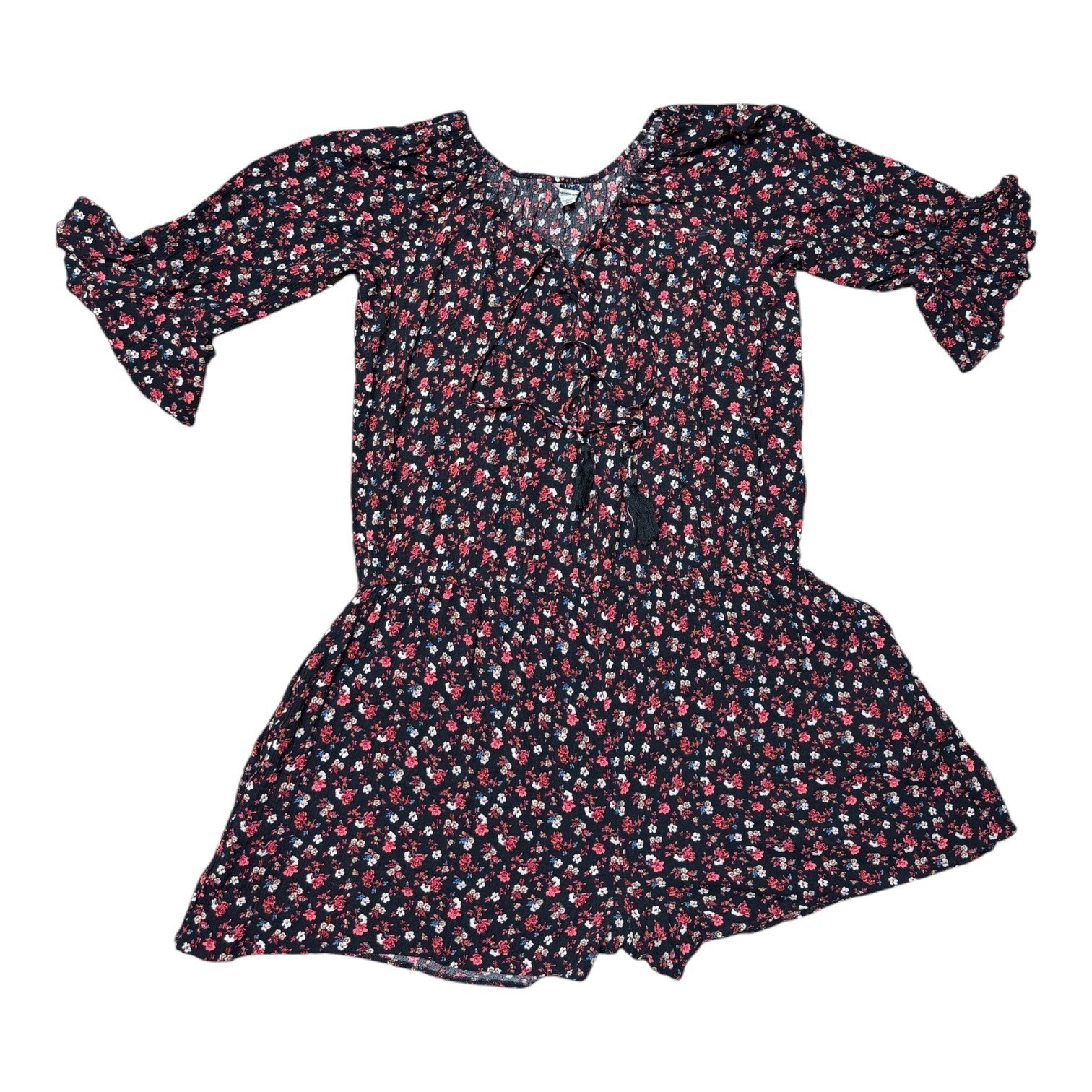 American Eagle Romper Womens XXL Floral Tassel Boho Bell Sleeve Stretchy Summer